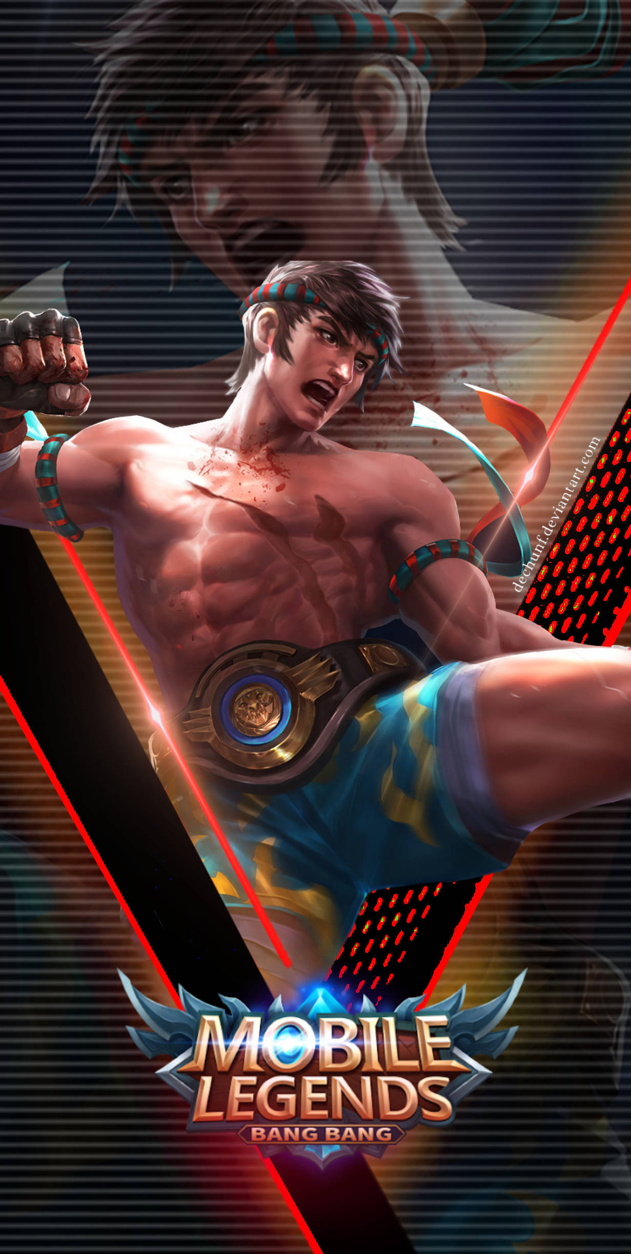 mobile legends logo 桌布 壁紙 — 一位肌肉發達的戰士穿著藍色短褲和冠軍腰帶，在發光的數位背景前以動態姿勢咆哮。