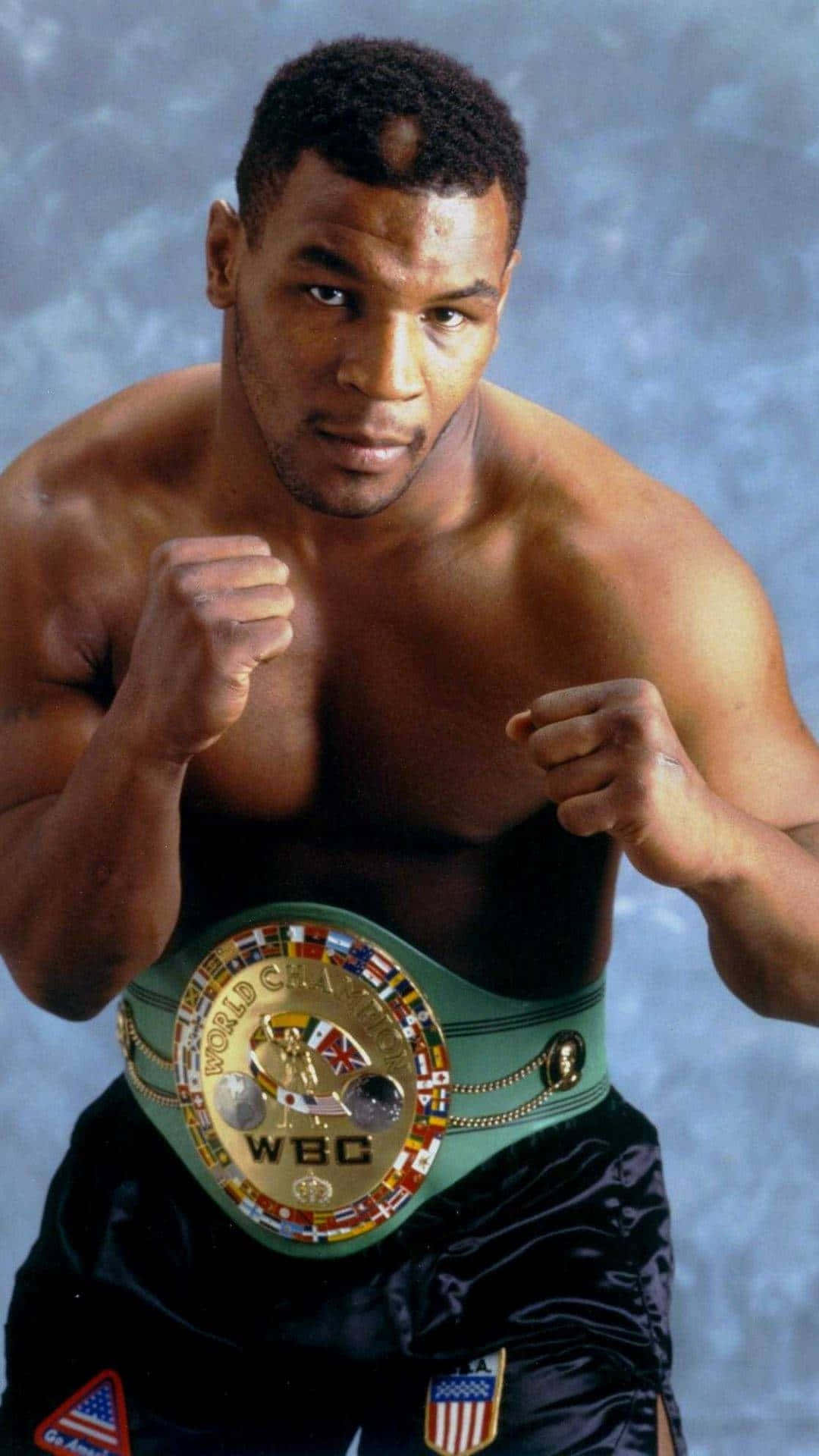 mike tyson 桌布 壁紙 — 一位肌肉發達的拳擊手以戰鬥姿勢，在帶有紋理的藍灰色工作室背景前，佩戴著綠色WBC冠軍腰帶。