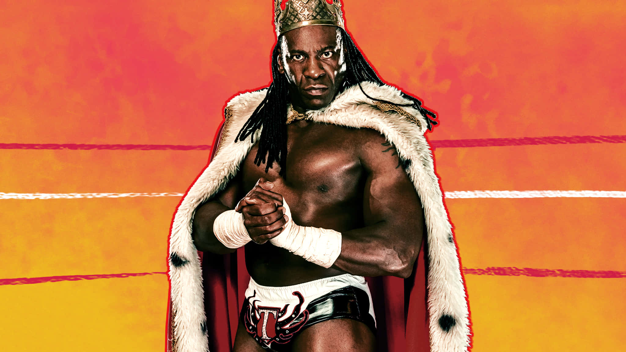 American Professional Wrestler Booker T Retro Poster 壁紙 — 一位肌肉發達的摔角手戴著王冠和毛皮襯裡斗篷，自信地站在摔角擂台上，背景是火熱的橙色。