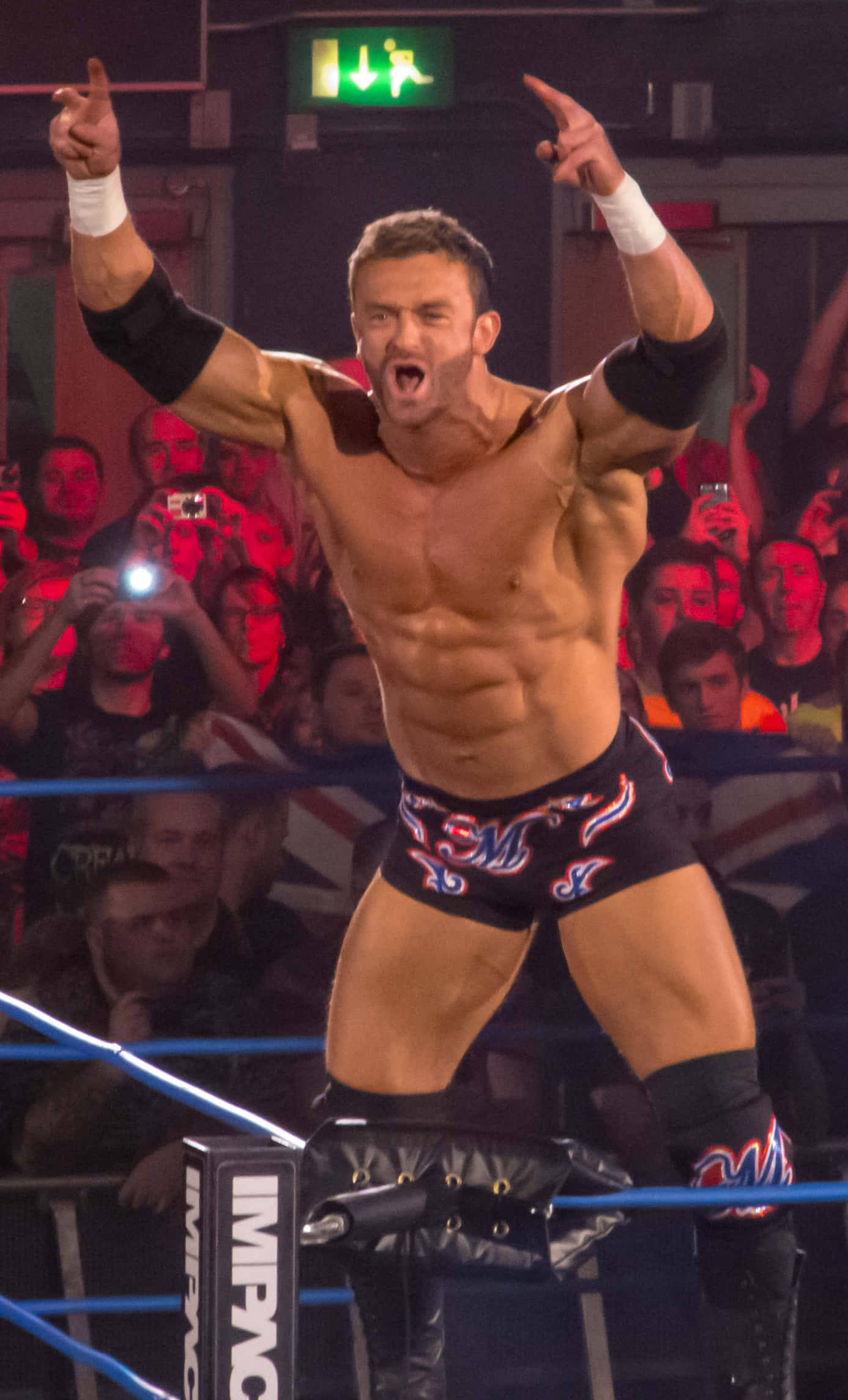Impact Wrestling Nick Aldis 壁紙 — 一位肌肉發達的摔角手穿著帶有藍色和紅色圖案的黑色緊身褲，勝利地站在擂台邊緣，高舉雙臂慶祝勝利，身後觀眾歡呼。
