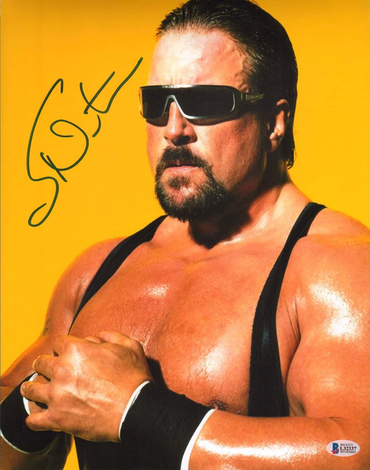 American Wrestler Scott Norton Autograph 壁紙 — 一位肌肉發達的摔角手穿著黑色三角褲和太陽眼鏡，在鮮黃色背景前自信地擺姿勢，簽名清晰可見。