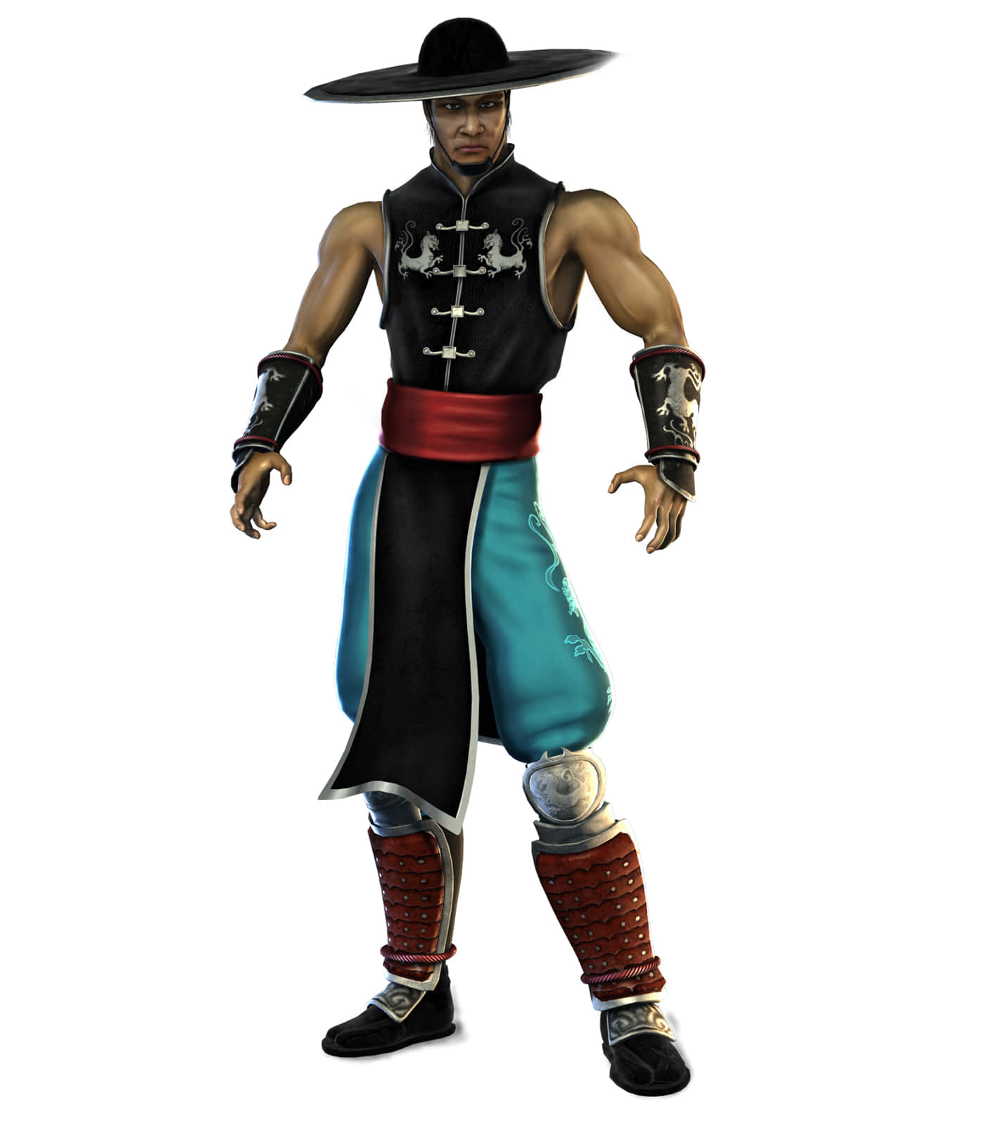 Mortal Kombat Kung Lao 桌布 壁紙 — 一位肌肉發達的武術家，戴著黑色寬邊帽和藍色褲子，在白色背景前擺好姿勢。