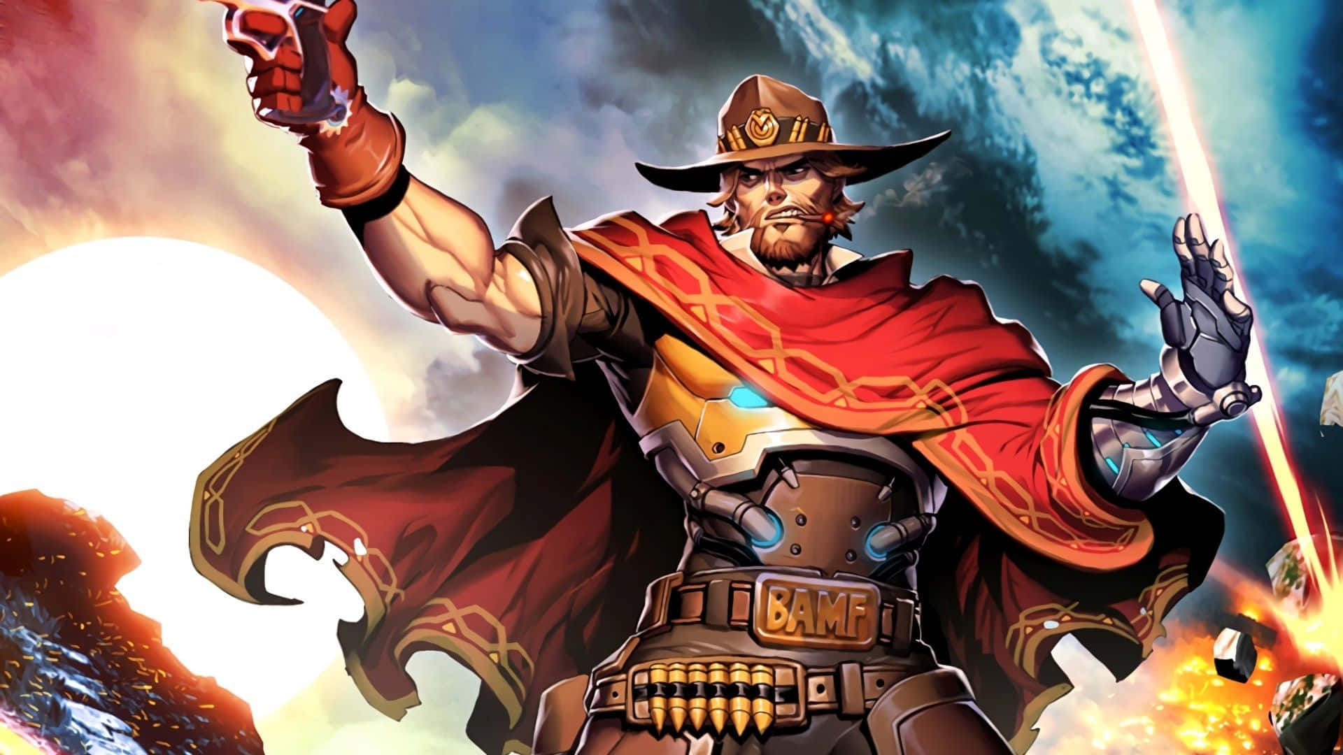 Overwatch Mccree 桌布 壁紙 — 一位肌肉發達的牛仔英雄，身穿紅色斗篷和帽子，在爆炸的火紅天空下發射發光的手槍。