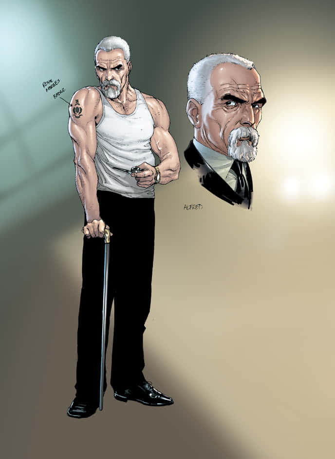 Alfred Pennyworth 桌布 壁紙 — 一位肌肉發達的白髮白鬍鬚老年男子穿著白色背心，手持拐杖，同時他臉部的詳細肖像漂浮在他旁邊。