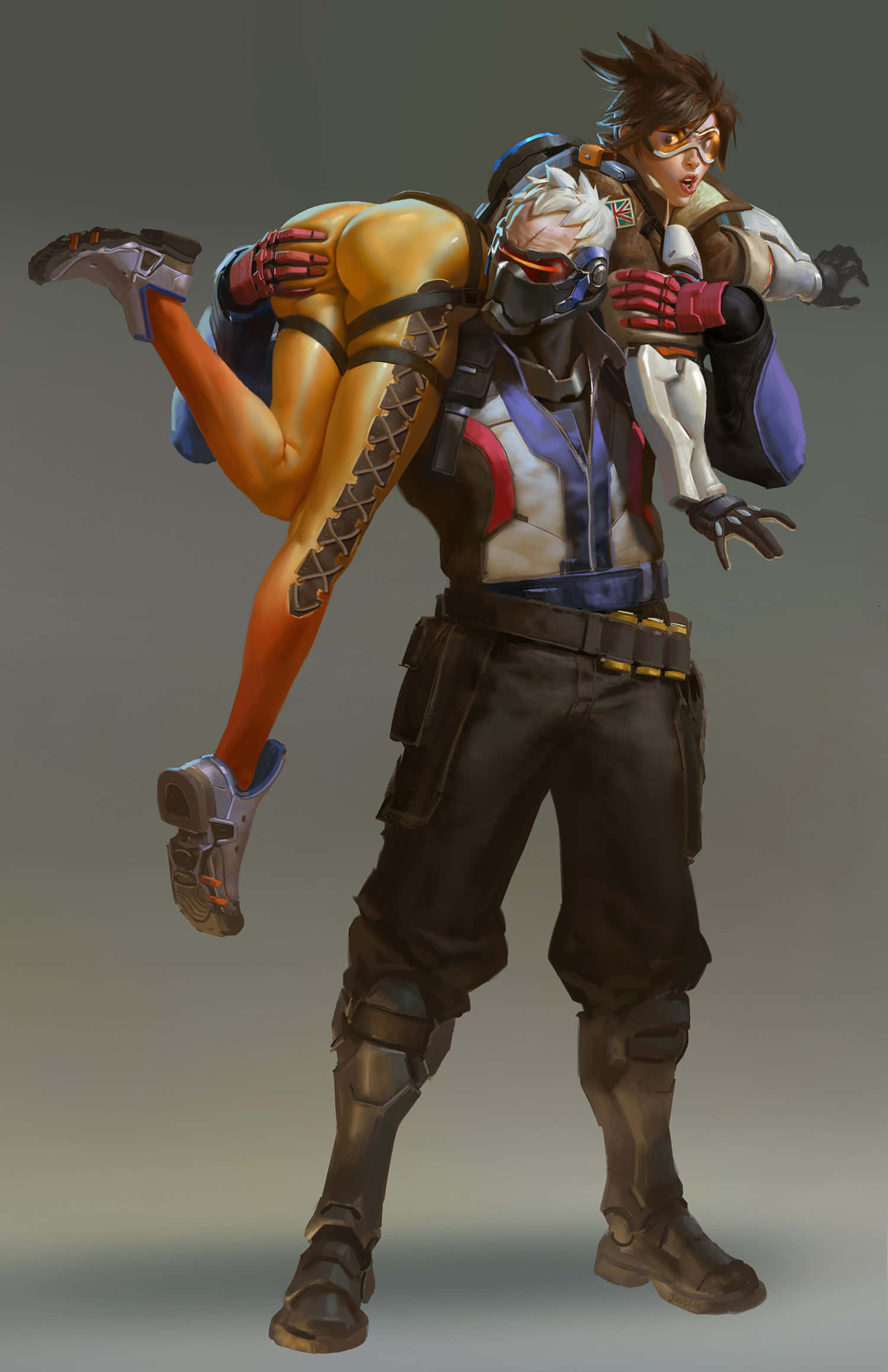 Soldier 76 桌布 壁紙 — 一位肌肉發達的英雄身穿戰術裝備，在純灰色背景上將一位發光的橙色女戰士扛在肩上。