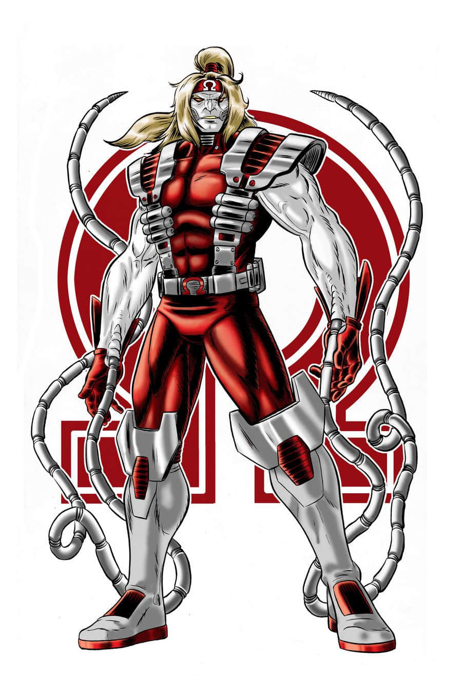 Omega Red 桌布 壁紙 — 一位肌肉發達的超級英雄，擁有金色長髮和機械觸手，自信地站在一個大膽的紅色圓形標誌前。
