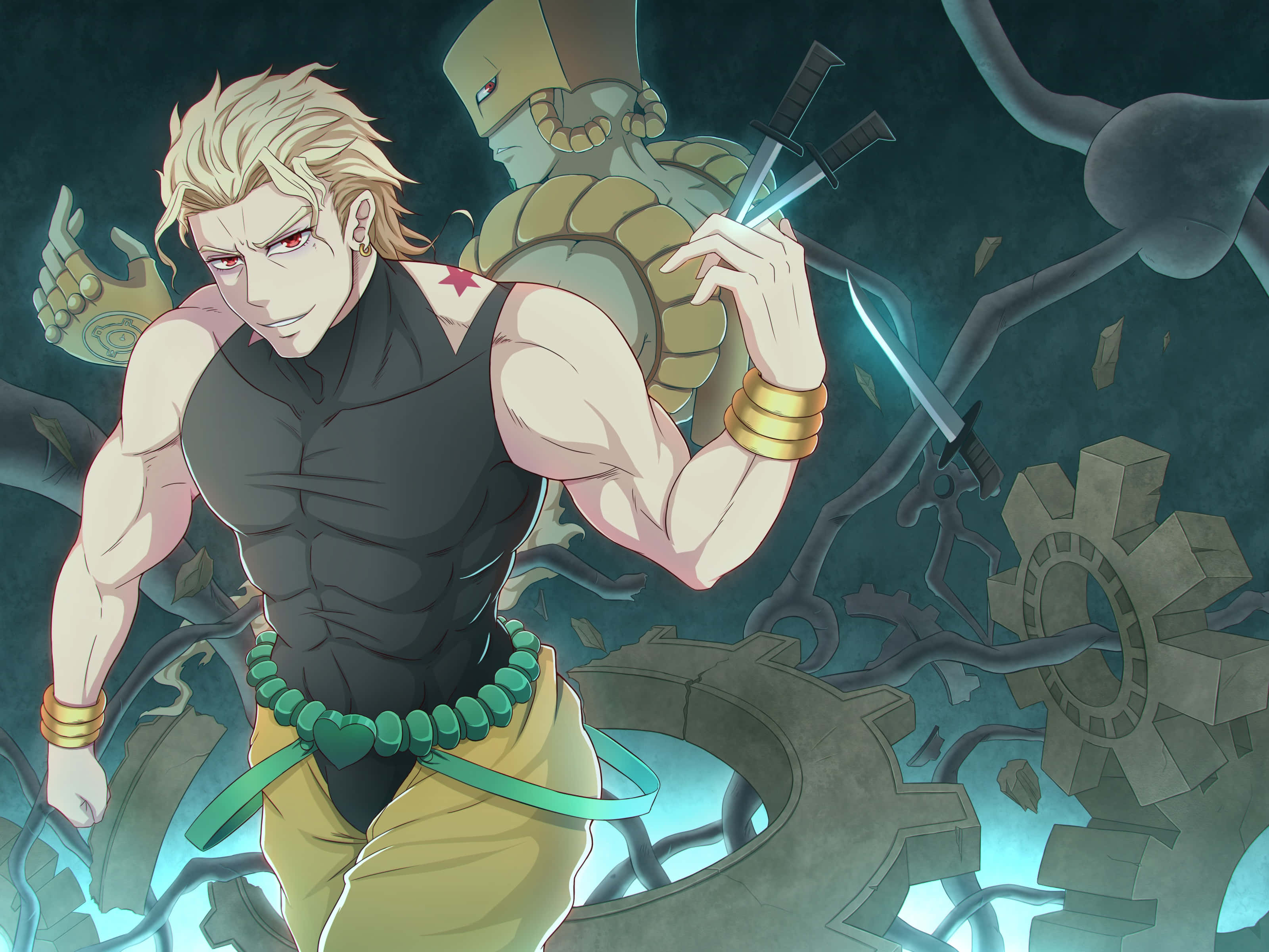 Jojo Stands 桌布 壁紙 — 一位肌肉發達的金髮動漫戰士，擁有紅色眼睛，在破碎的齒輪和機械廢墟中揮舞著發光的劍。
