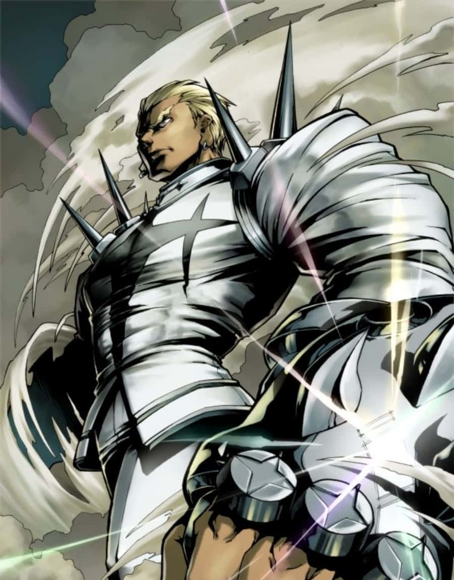 Ira Gamagoori 桌布 壁紙 — 一位肌肉發達的金髮戰士，身穿帶刺的銀色盔甲，在風暴天空和發光的能量條紋中挑釁地站立。