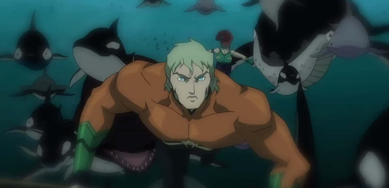 Justice League Throne Of Atlantis 桌布 壁紙 — 一位肌肉發達的金髮超級英雄在藍綠色海洋場景中，被虎鯨包圍著在水下游泳。