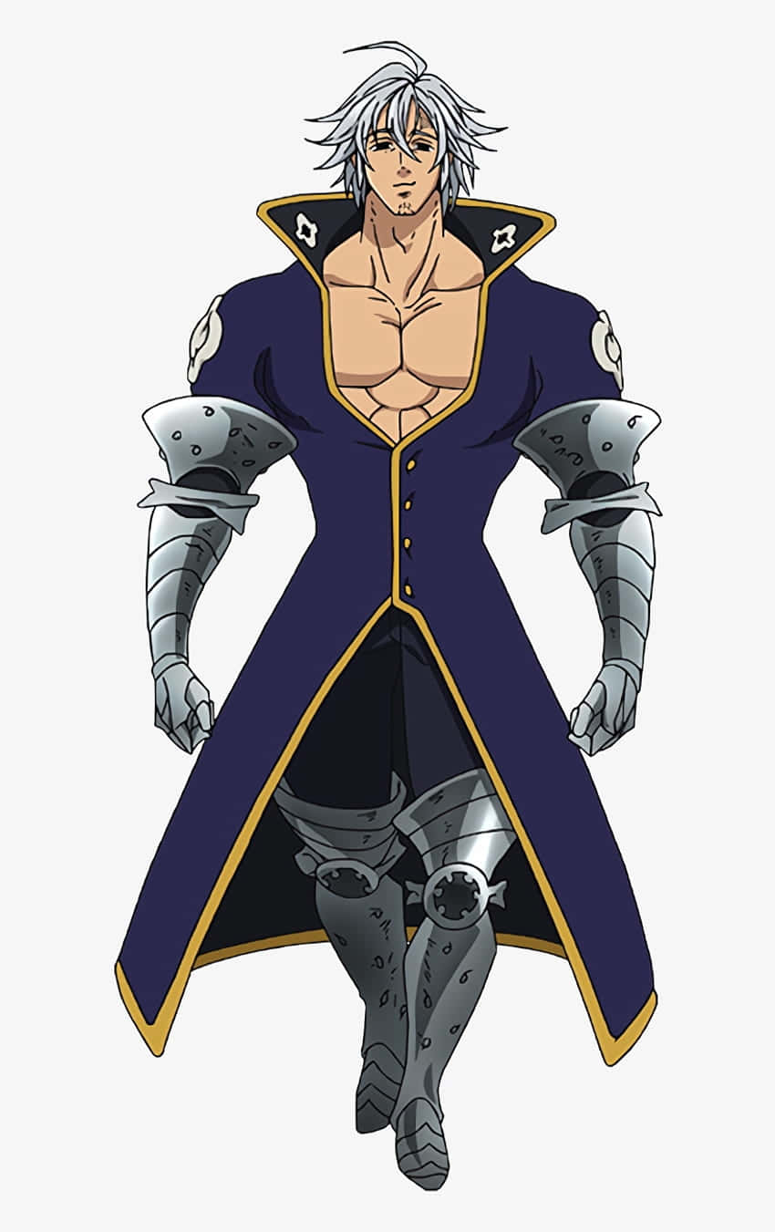 Seven Deadly Sins Estarossa 桌布 壁紙 — 一位肌肉發達的銀髮動漫戰士，身穿深藍色金邊外套，手臂和腿部佩戴銀色盔甲。