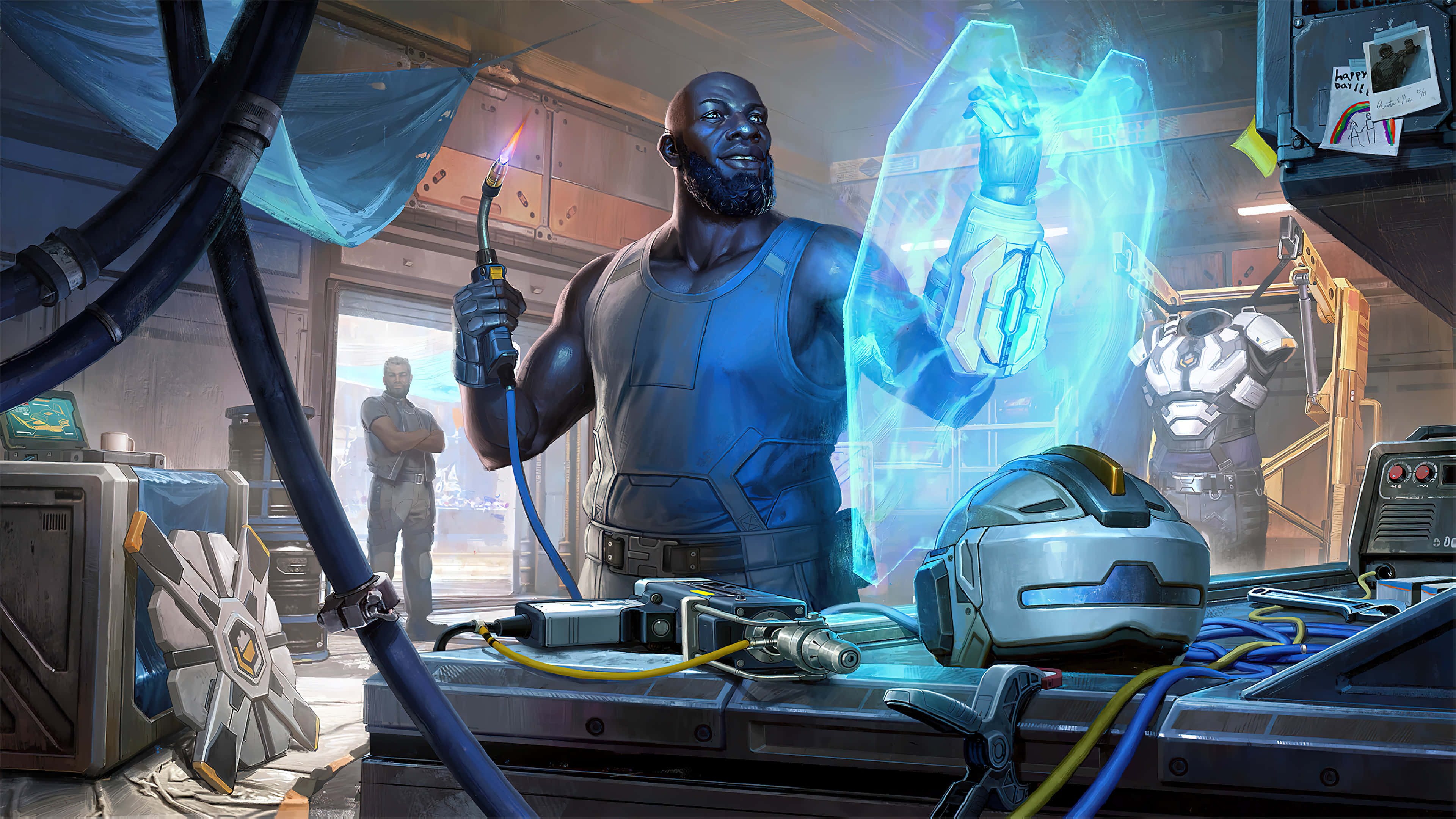 Apex Legends Characters 桌布 壁紙 — 一位肌肉發達的黑人男子在工場手持焊接火炬，同時投射出一個發光的藍色全息手。