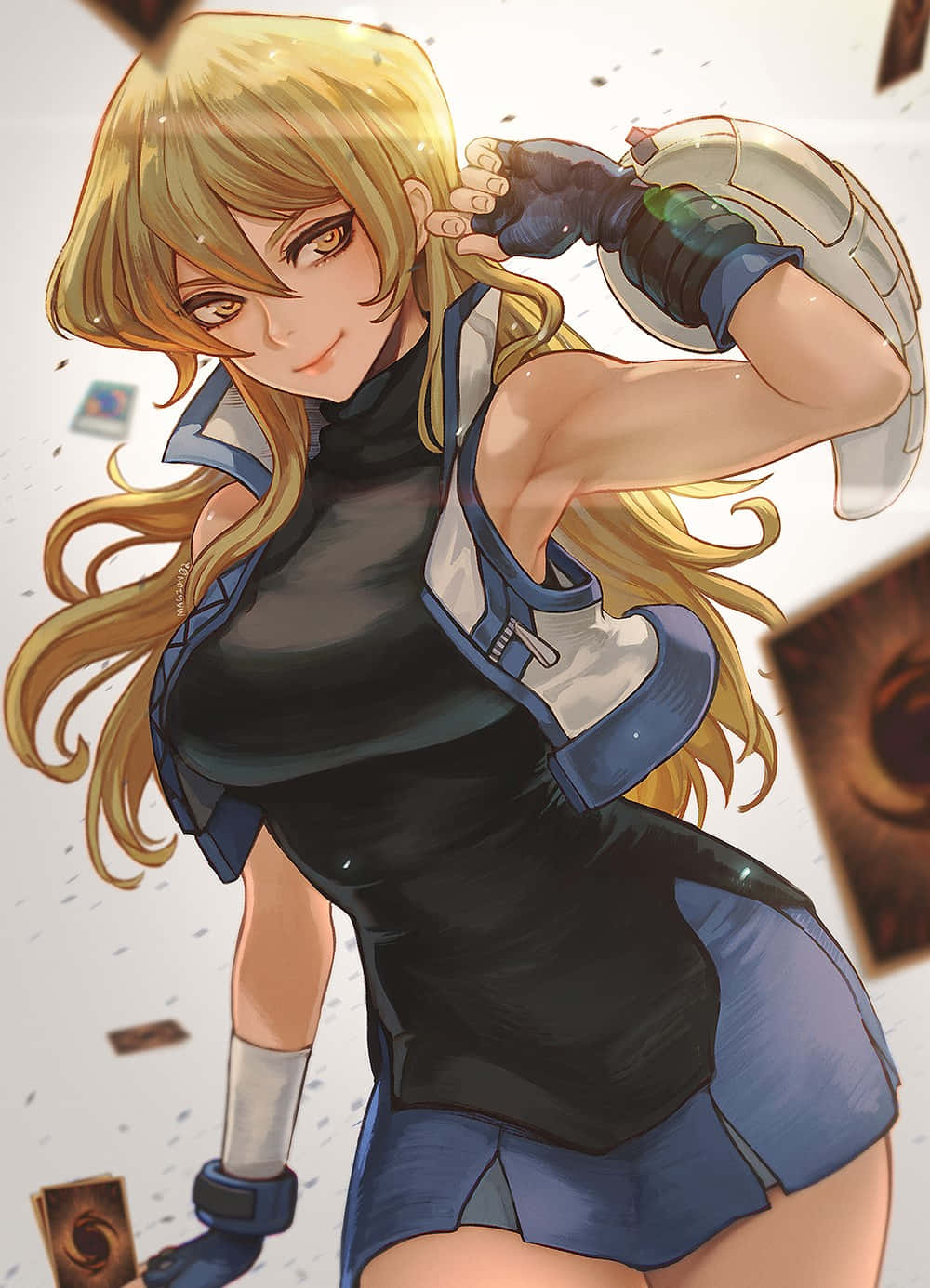 Alexis Rhodes 桌布 壁紙 — 一位自信嘅動漫少女，金色頭髮同藍色盔甲，喺漂浮嘅卡牌中揮舞住發光嘅武器。