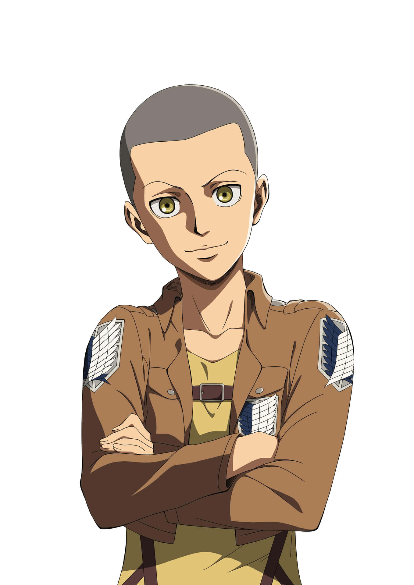 Connie Springer 桌布 壁紙 — 一位自信的動漫士兵，綠色眼睛，光頭，身穿帶有翼狀徽章的棕色制服，雙臂交叉站立。