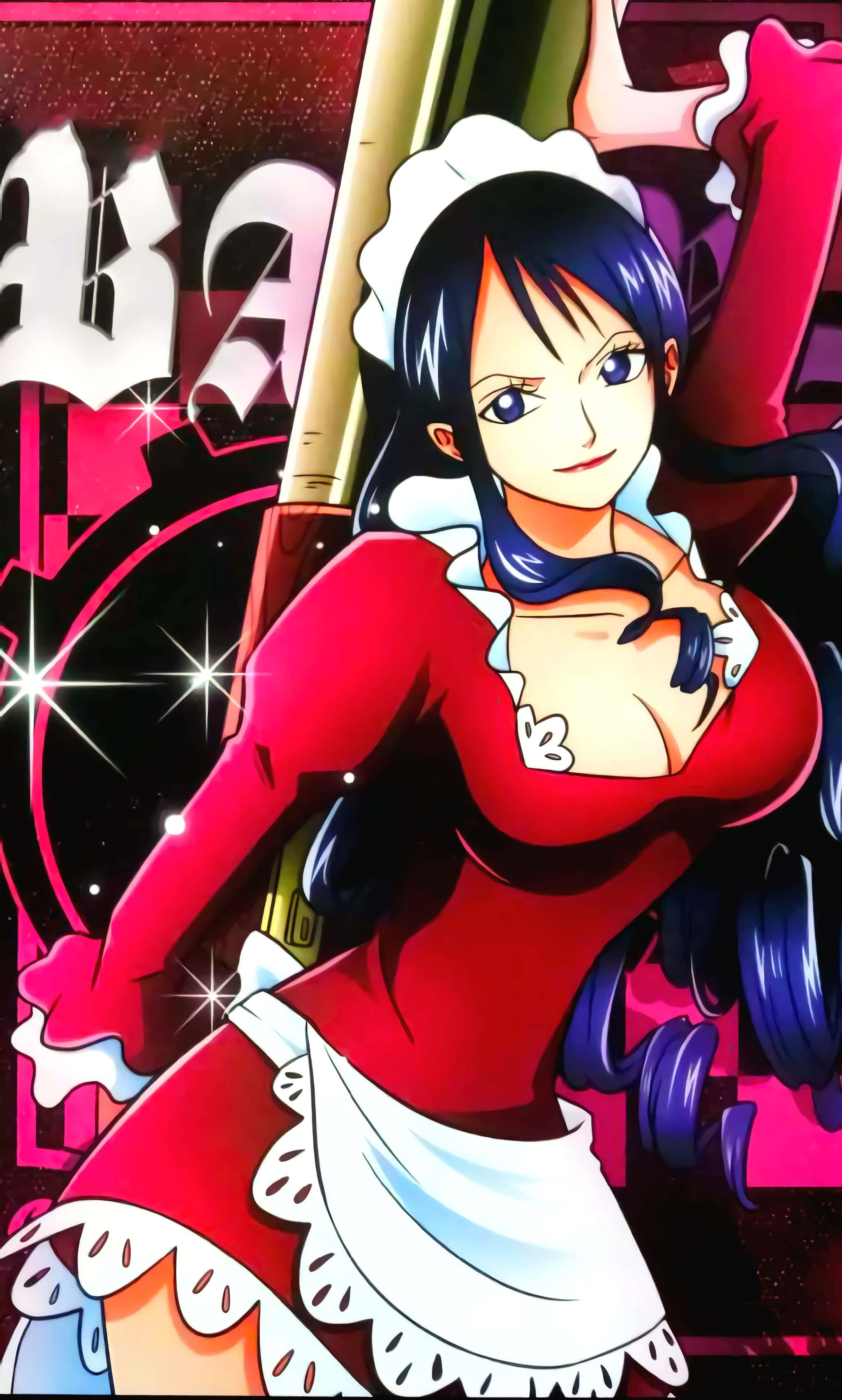 Baby 5 桌布 壁紙 — 一位自信的動漫女僕，深藍色頭髮，紅色服裝，在閃閃發光的粉紅和黑色背景前動態擺姿勢。