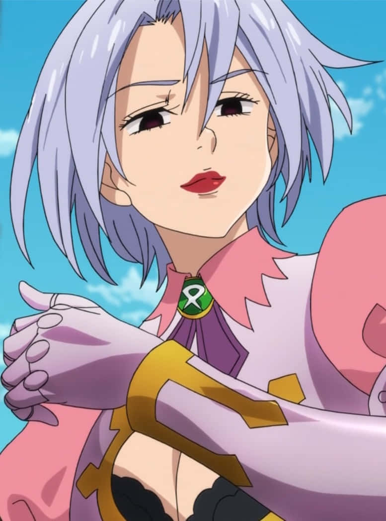 Seven Deadly Sins Jericho 桌布 壁紙 — 一位自信的動漫女孩，銀色頭髮和紅色嘴唇，穿著粉紅色和金色的服裝，在明亮的藍天下擺姿勢。