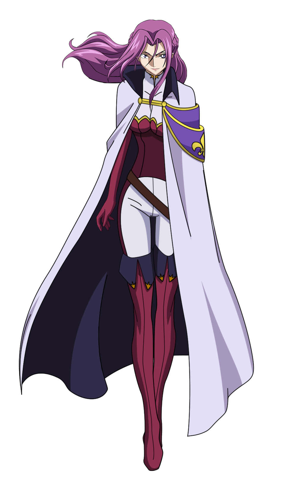 Cornelia Li Britannia 桌布 壁紙 — 一位自信的動漫女性，擁有飄逸的紫色頭髮，身穿白色披風，內搭紅紫配色並帶有金色點綴的服裝。