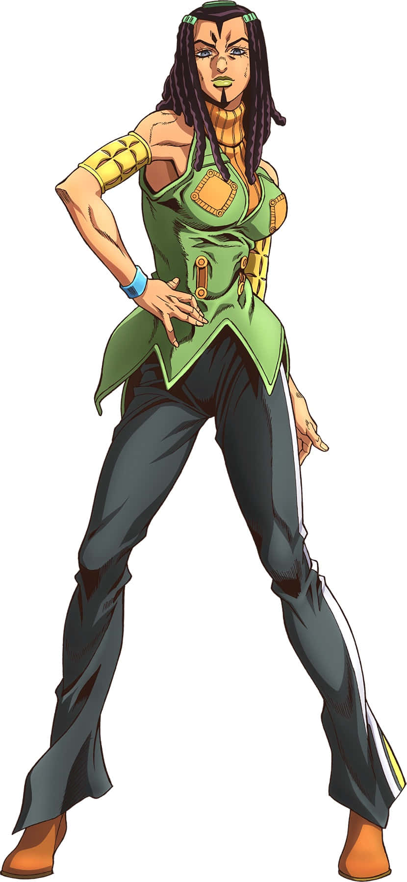Ermes Costello 桌布 壁紙 — 一位自信的動漫女性，梳著辮子，身穿綠色服裝，在白色背景前單手叉腰擺姿勢。