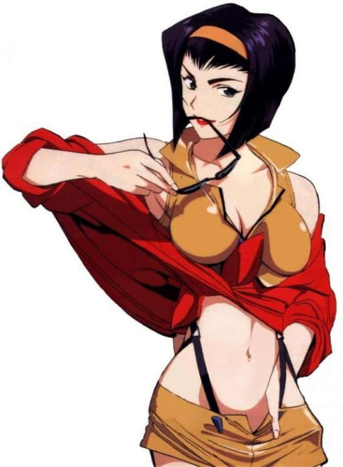 Faye Valentine 桌布 壁紙 — 一位自信的動漫女性，短黑髮配紅色頭帶，手持眼鏡，身穿紅色外套配米色服裝。
