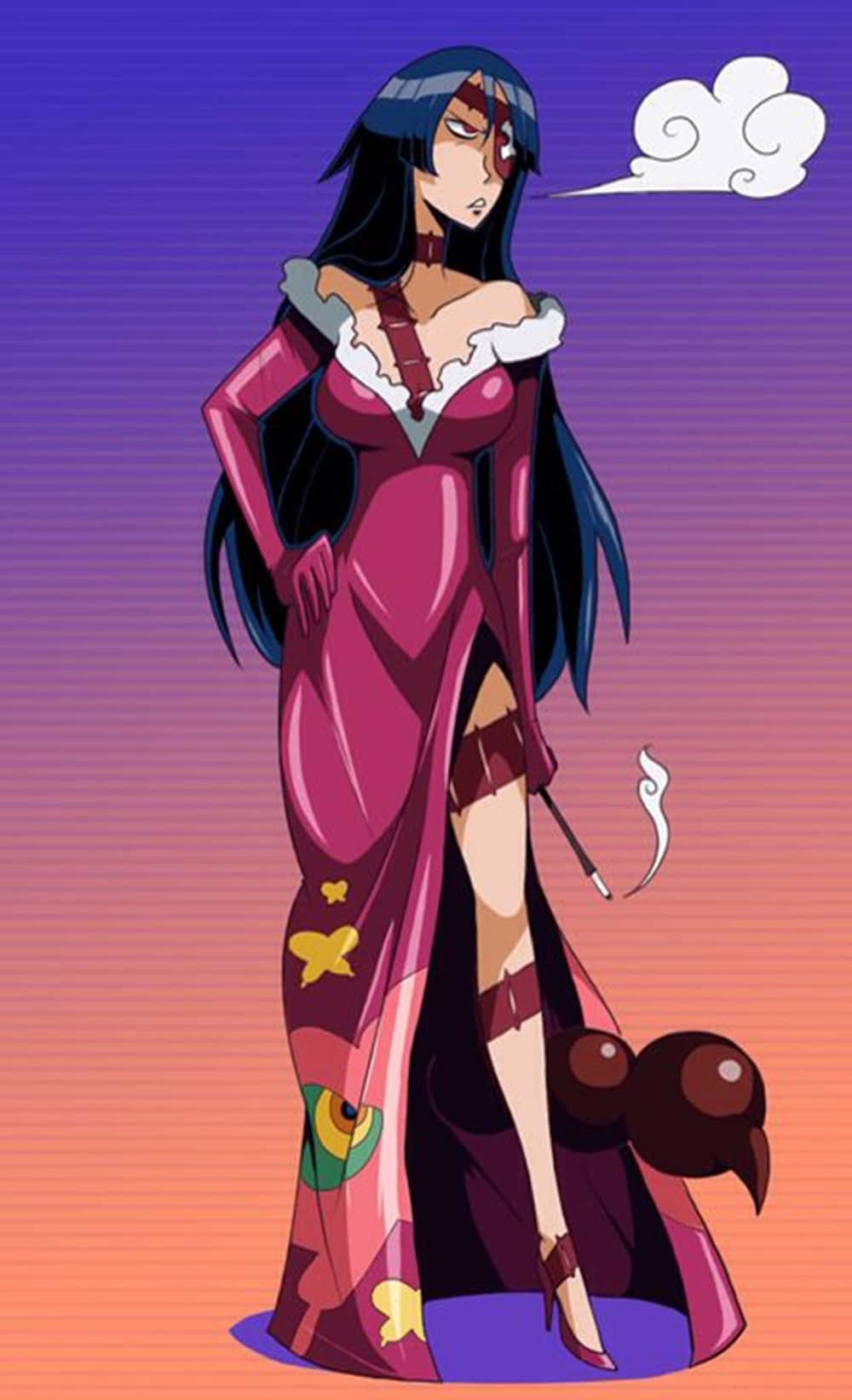 Gurren Lagann Adiane 桌布 壁紙 — 一位自信的動漫女性，身穿帶有蝴蝶圖案的粉紅色長袍，站在漸變的日落天空前。