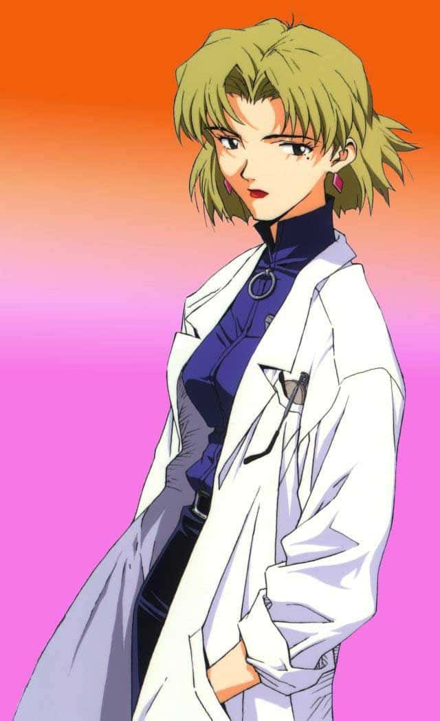 Ritsuko Akagi 桌布 壁紙 — 一位自信的動漫短金髮女性，在紫色襯衫外穿著白色實驗室外套，背景是鮮豔的橙色和粉紅色漸變。