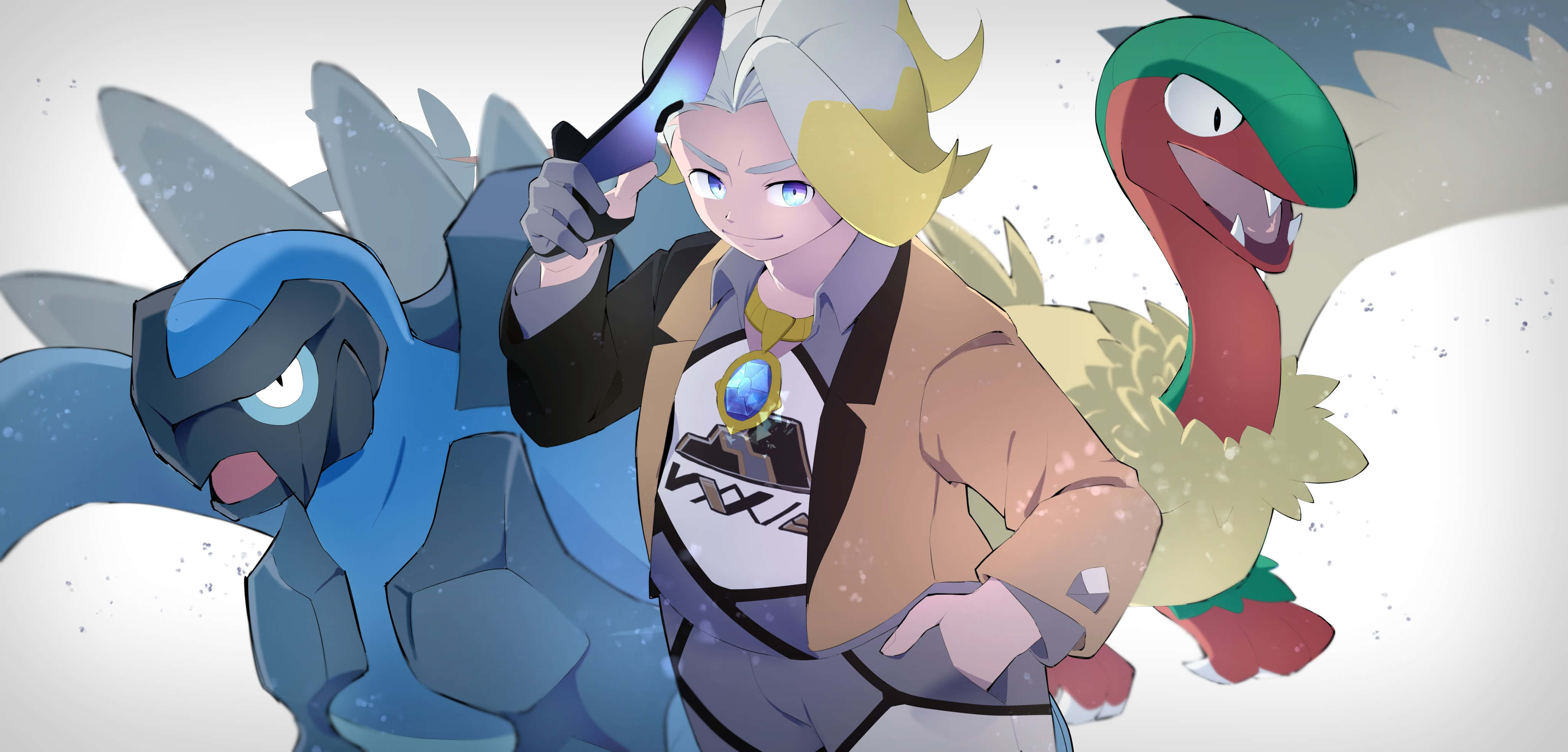 Pokemon 桌布 壁紙 — 一位自信的動漫訓練家，白髮藍寶石，在雪景背景下被三隻寶可夢簇擁著。