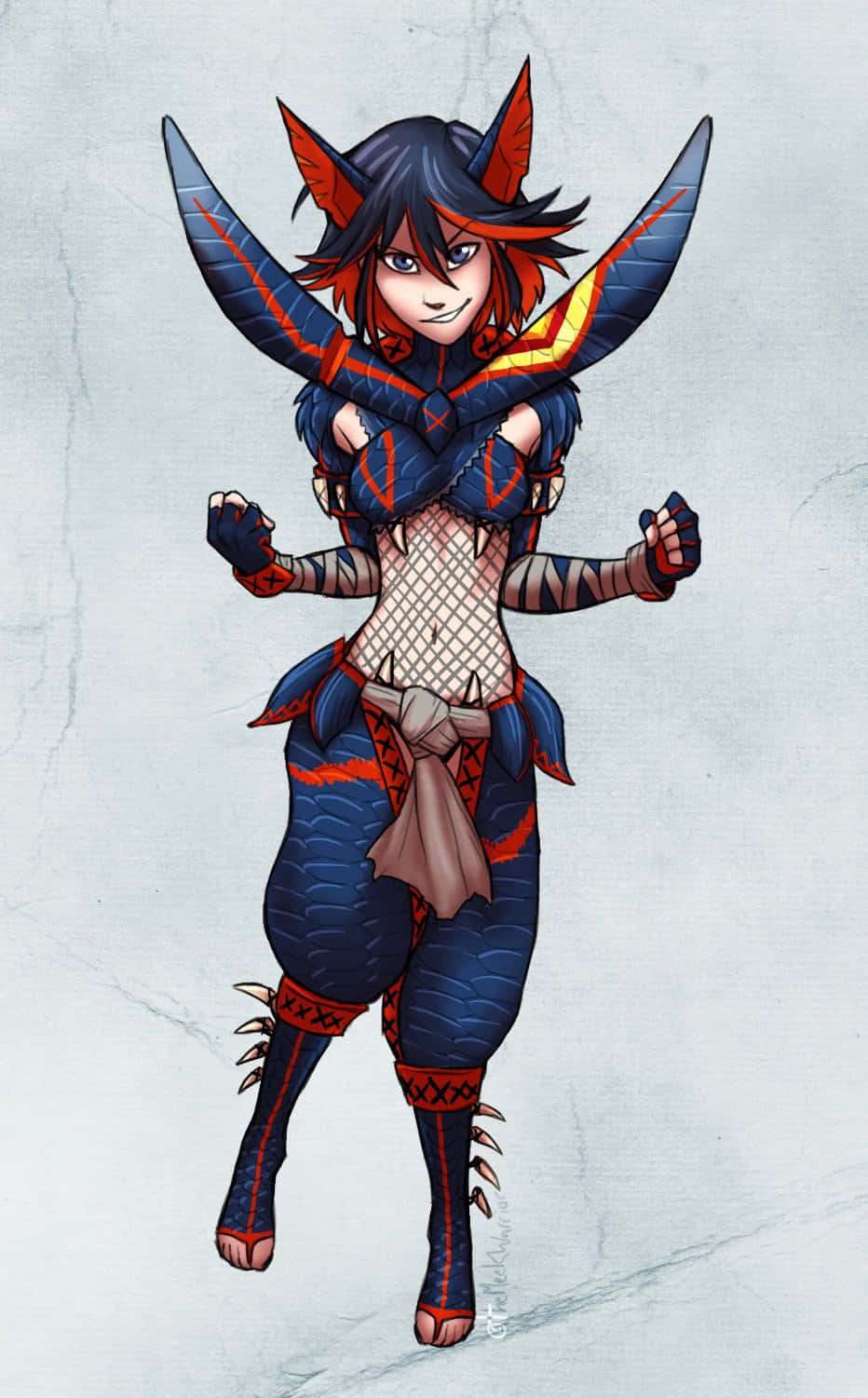 Kill La Kill Senketsu 桌布 壁紙 — 一位自信的動漫風格女戰士，身穿紅藍鱗甲和翼狀肩甲，站在有紋理的灰色背景前。
