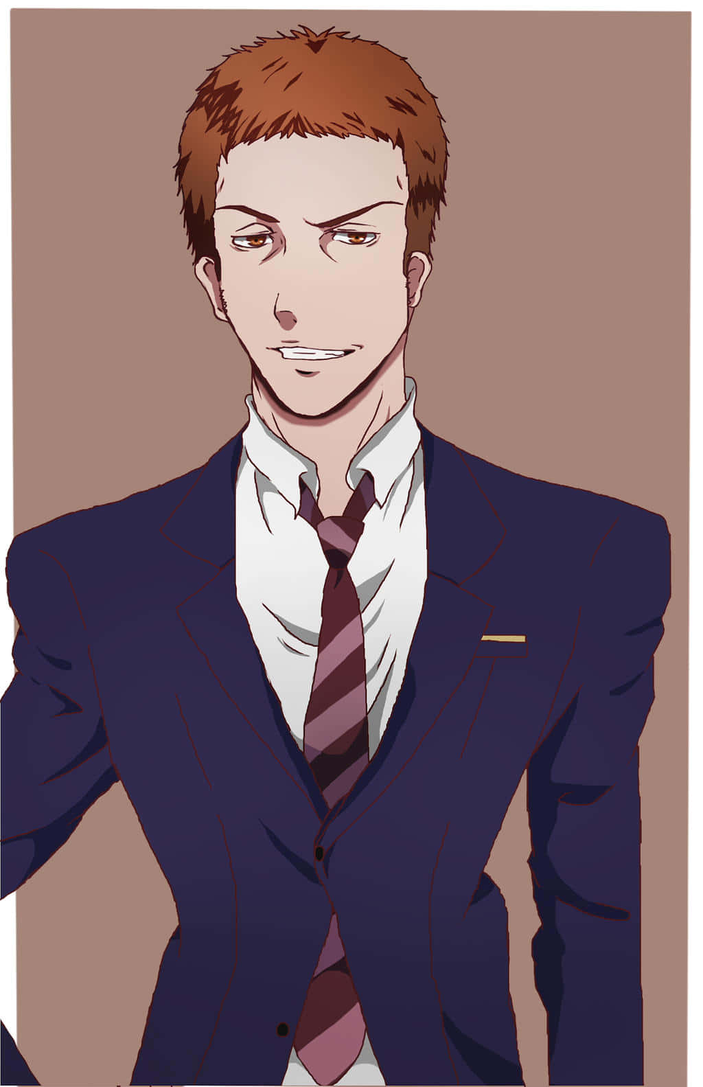 Mitsuru Sasayama 桌布 壁紙 — 一位自信的動畫男子，紅褐色頭髮，穿著俐落的海軍藍西裝和條紋領帶，背景為柔和的棕色。