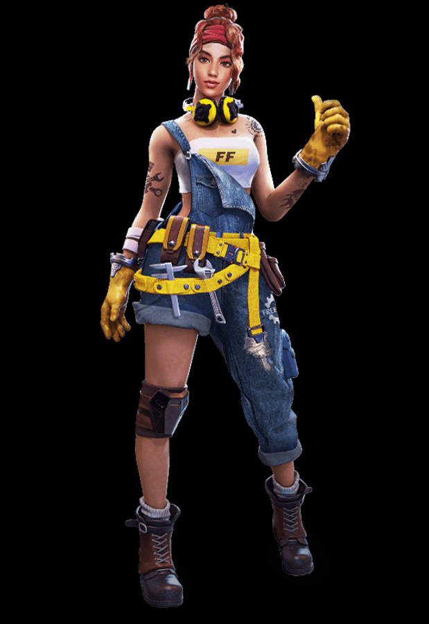 Free Fire Shani PNG 壁紙 — 一位自信的女性建築工人穿著牛仔工裝褲和黃色安全裝備，在黑色背景前豎起大拇指。