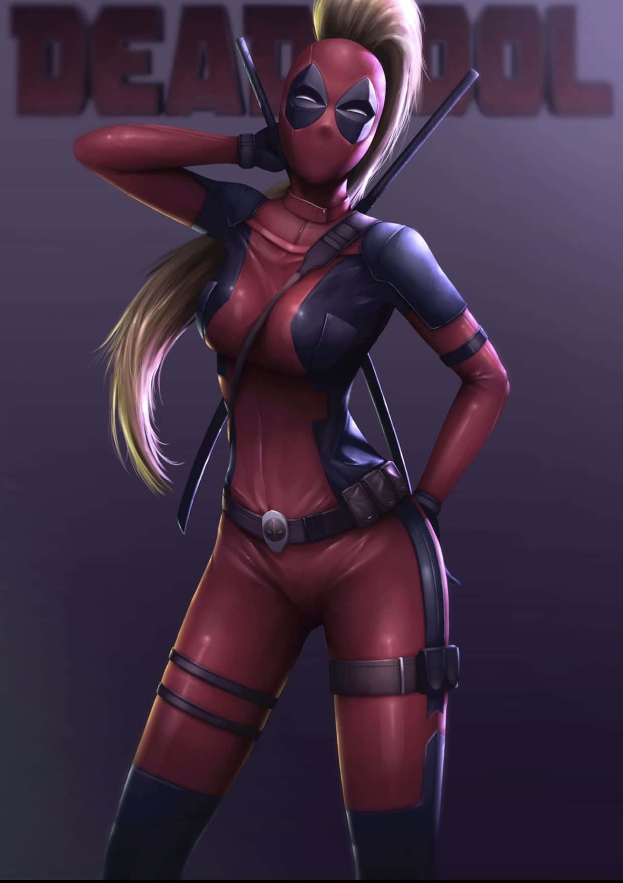 Lady Deadpool 桌布 壁紙 — 一位自信的女性死侍穿著紅黑套裝，背著劍在深紫色背景前擺姿勢。