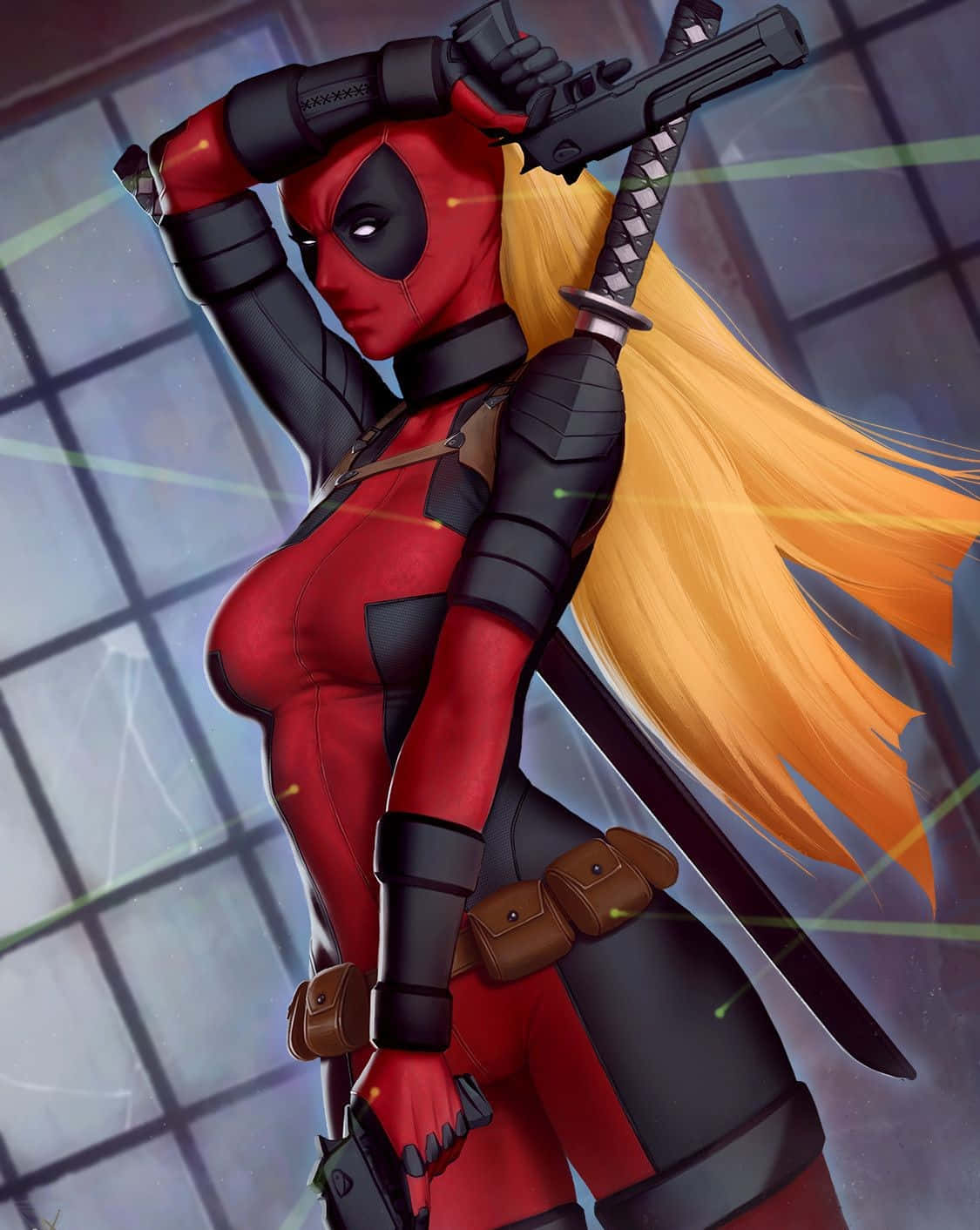 Lady Deadpool 桌布 壁紙 — 一位自信的女性死侍穿著紅黑套裝，在窗戶背景前將槍舉過頭頂，身旁放著一把武士刀。