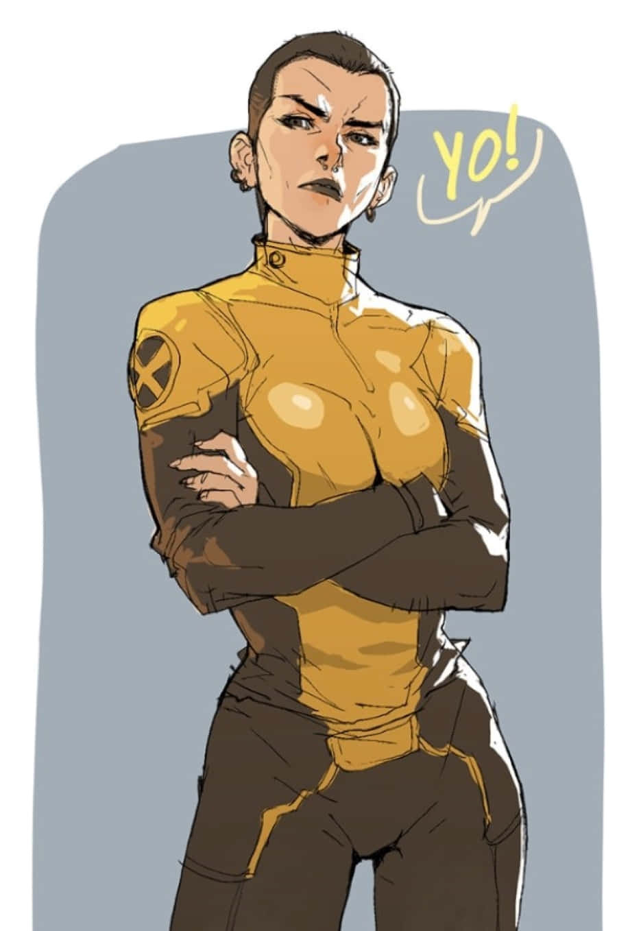 Negasonic Teenage Warhead 桌布 壁紙 — 一位自信的女性超級英雄，身穿黃色和棕色的X-Men制服，雙臂交叉站在純灰色背景前。