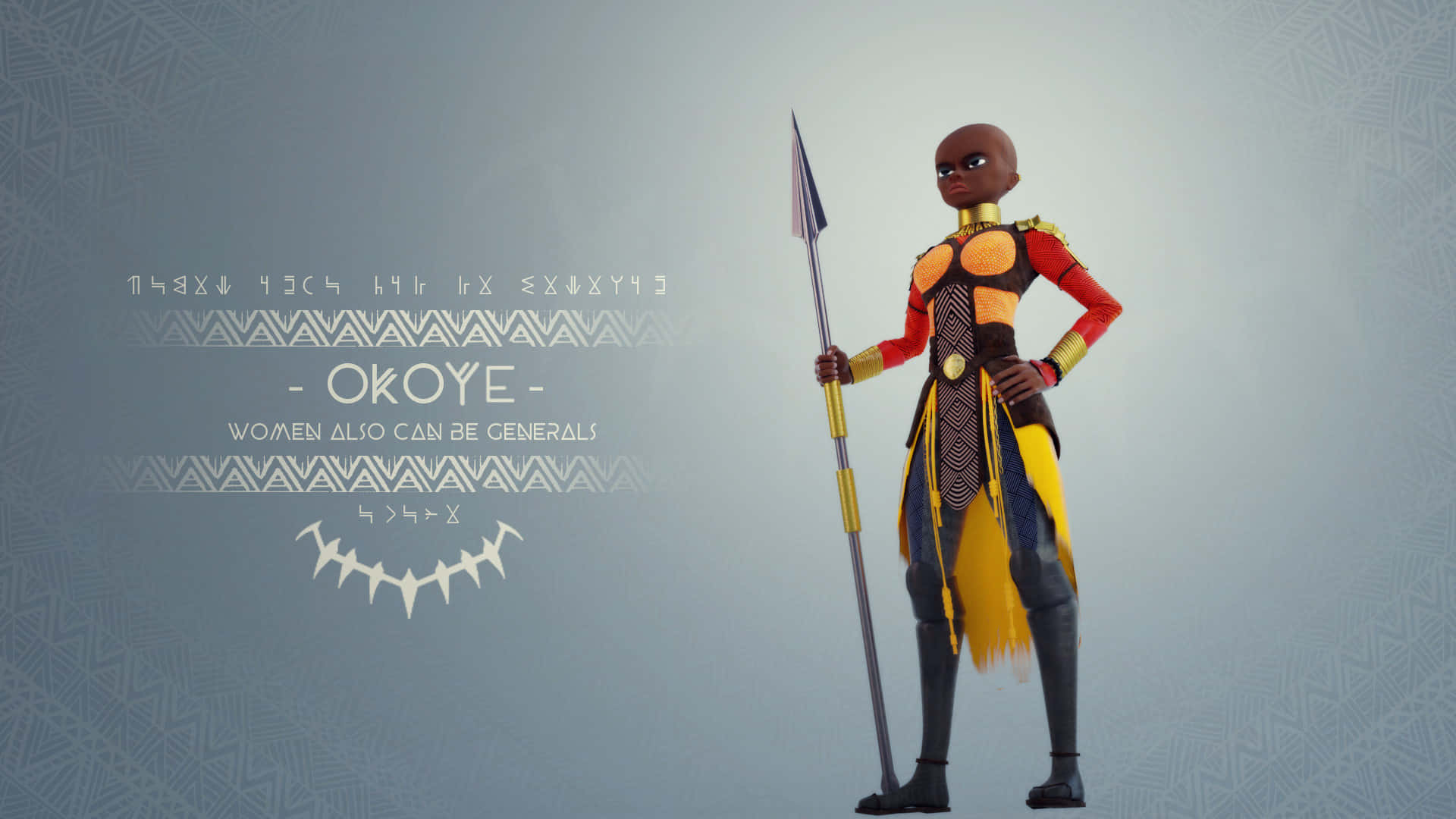 Okoye 桌布 壁紙 — 一位自信的瓦干達戰士手持長矛，站在帶有部落文字和鋸齒狀牙齒圖案的灰色圖案背景前。