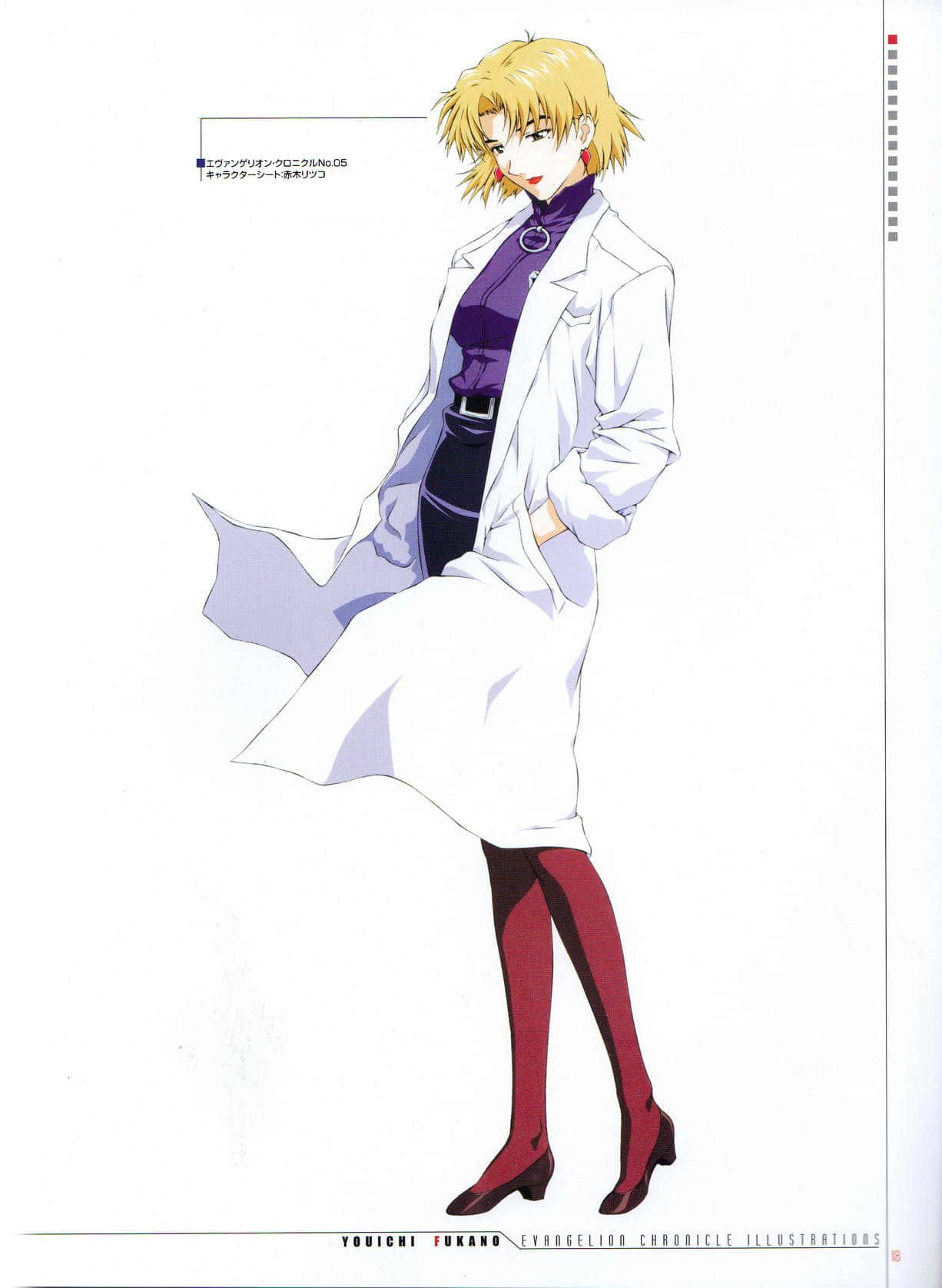 Ritsuko Akagi 桌布 壁紙 — 一位自信的金髮動漫女性，在純白背景前穿著白色外套，內搭紫色上衣和紅色大腿襪。