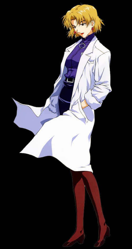 Ritsuko Akagi 桌布 壁紙 — 一位自信的金髮動漫女性，在黑色背景前，紫色服裝外穿著白色實驗室外套。