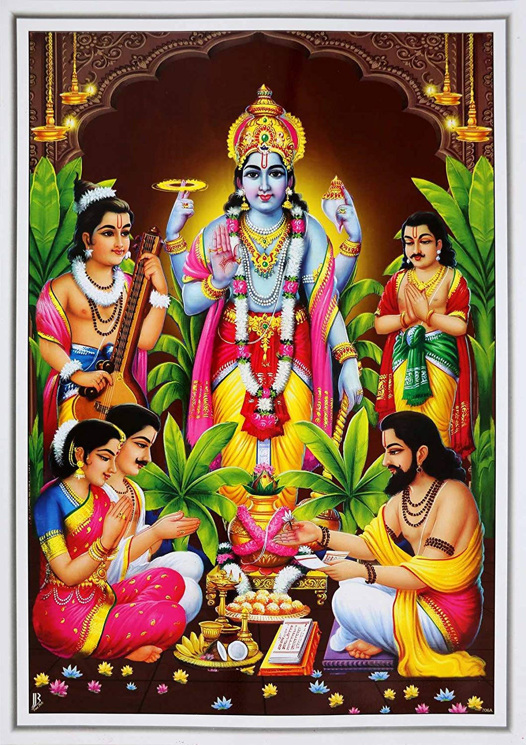 Vishnu 桌布 壁紙 — 一位色彩鮮豔的印度教神祇插圖，藍色皮膚和金色皇冠，站在中央，周圍是信徒在翠綠的環境中獻上祈禱和禮物。