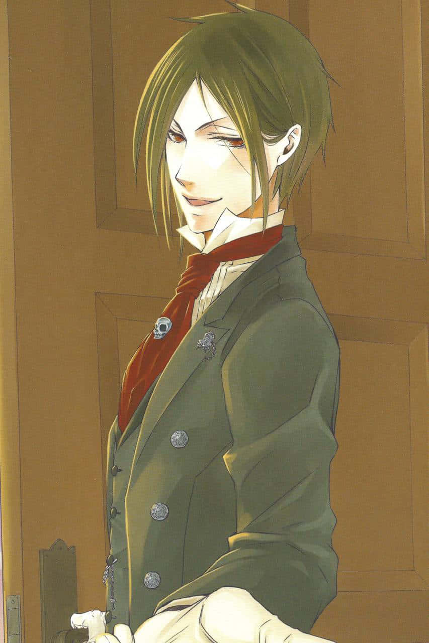 sebastian michaelis 桌布 壁紙 — 一位英俊的動漫男子，綠色頭髮和紅色圍巾，穿著正式綠色外套，在木門前溫柔微笑。
