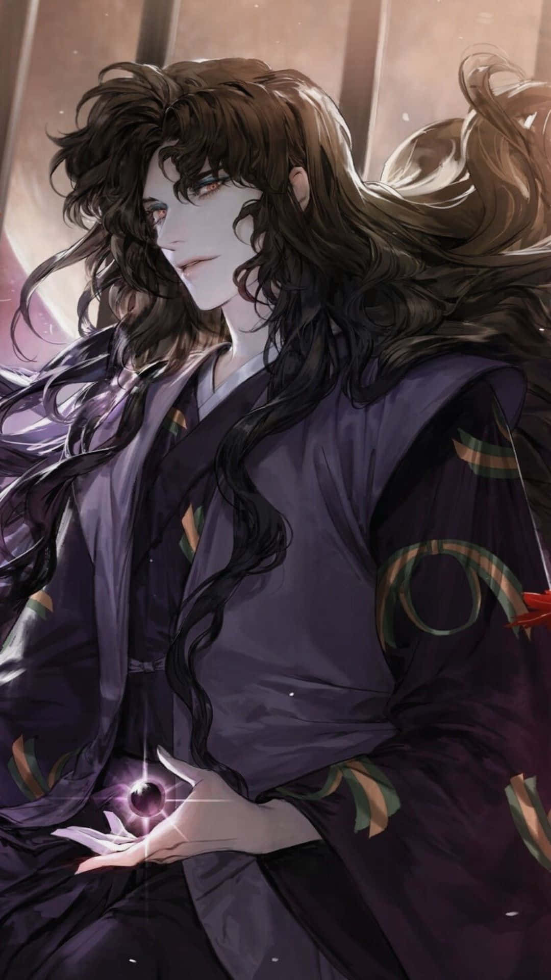 Naraku 桌布 壁紙 — 一位英俊的動漫男子，長著深色長髮，身穿紫色長袍，手中握著一個發光的球體。