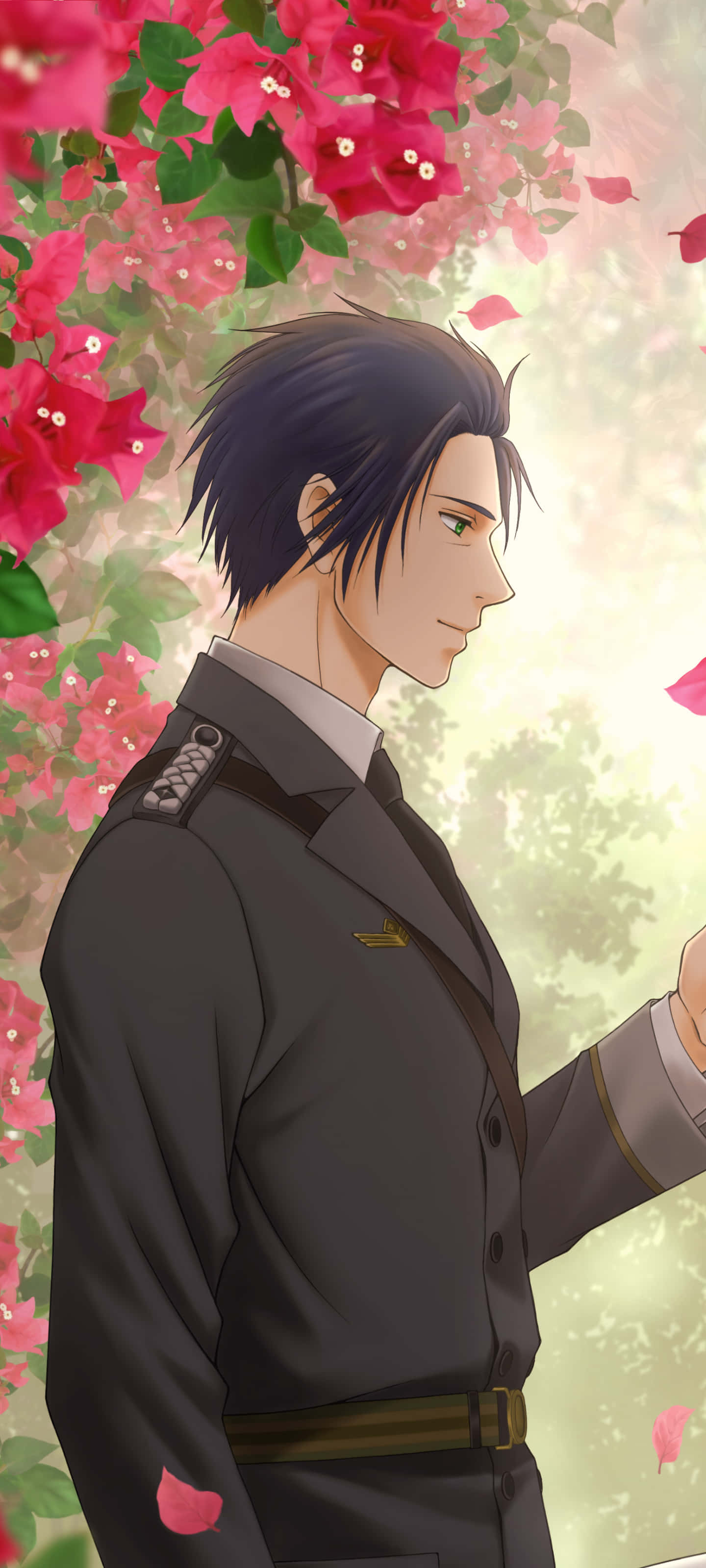 Gilbert Bougainvillea 桌布 壁紙 — 一位英俊的動漫男子身穿深色制服，站在鮮豔的粉紅色九重葛花瀑布下。