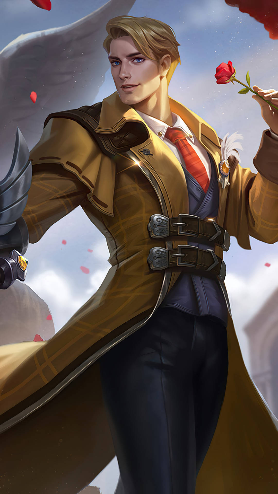 Mobile Legends 桌布 壁紙 — 一位英俊的金髮男子穿著米色風衣，在陰雲密布的天空下拿著一朵紅玫瑰，花瓣飄落。