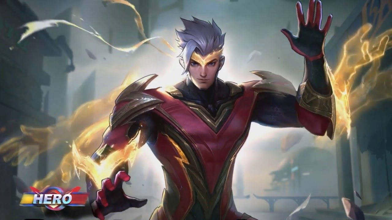 Mobile Legends 桌布 壁紙 — 一位英勇的動漫戰士，銀髮紅甲，在神秘廢墟中引導烈焰能量。