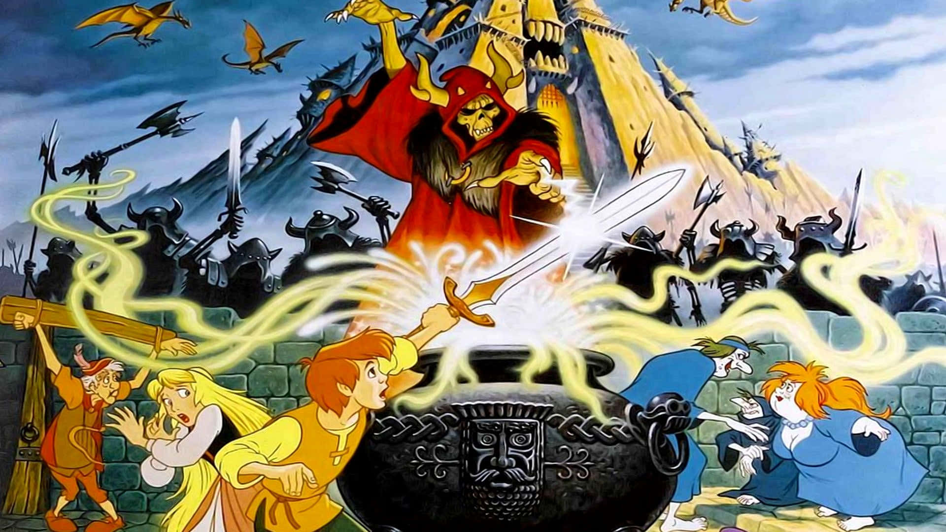 cauldron 桌布 壁紙 — 一位英勇的騎士在城堡上揮舞著發光的劍，對抗一個身穿紅袍的威脅性惡棍，村民們逃離混亂。
