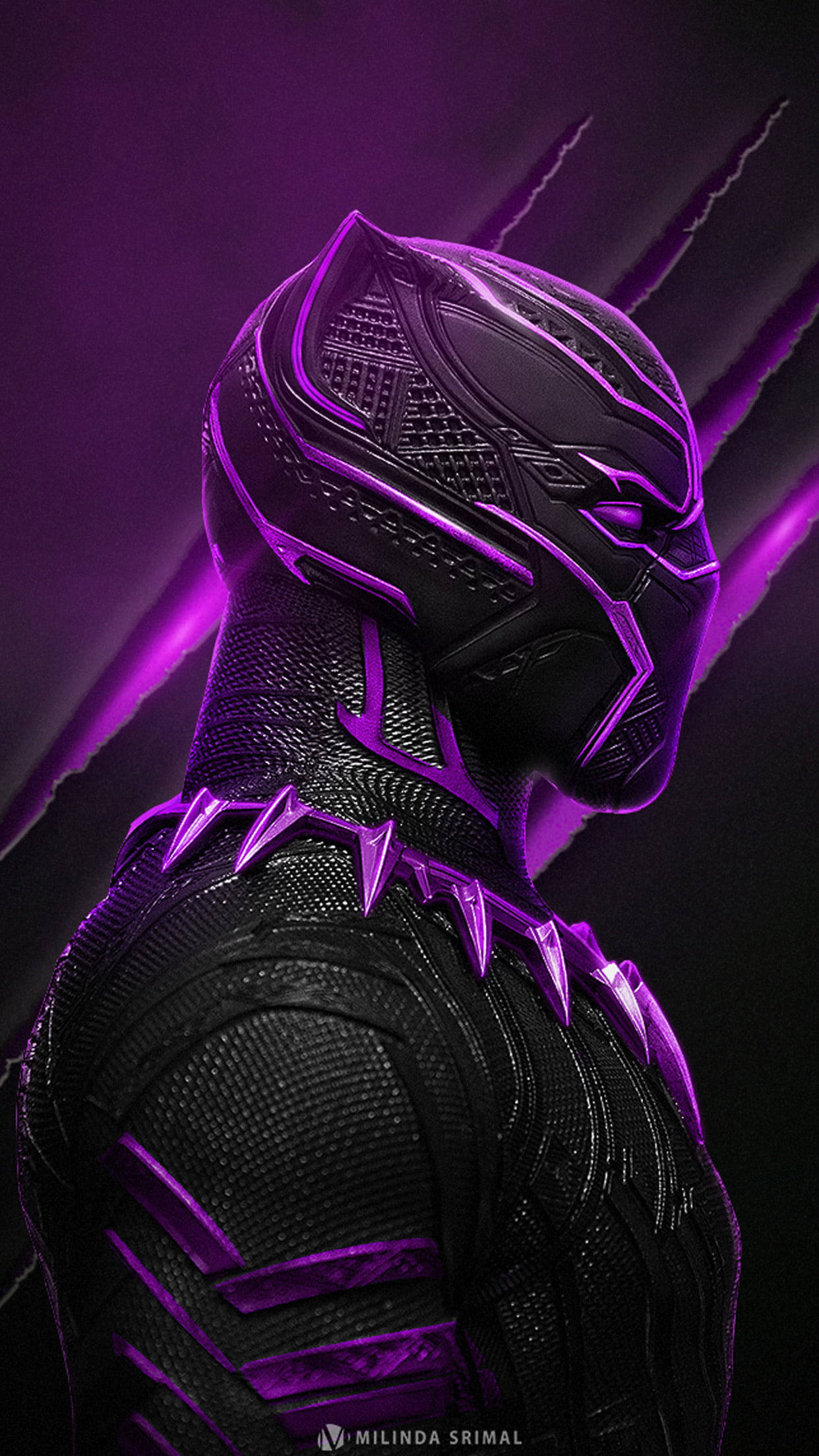 avengers android 桌布 壁紙 — 一位英勇的黑豹戰士穿著時尚的盔甲，在黑暗的宇宙背景下散發出充滿活力的紫色能量。