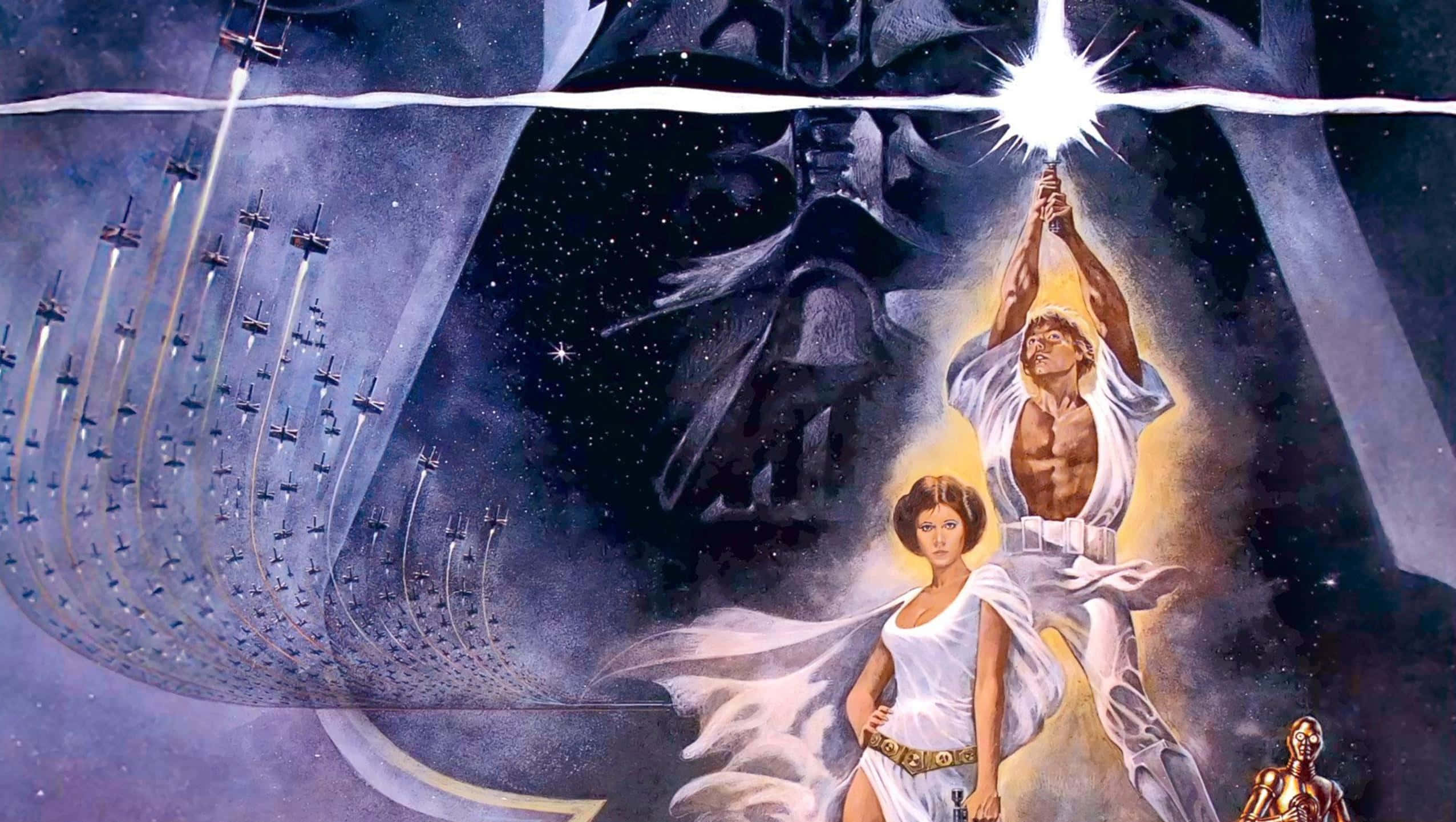Cool Star Wars 桌布 壁紙 — 一位英雄人物高舉發光的光劍，對抗逼近的黑武士，星際戰機在他們身後劃過太空。