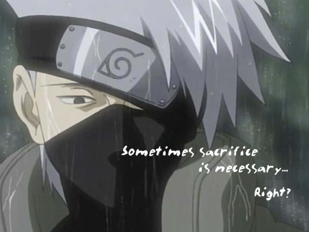 Kakashi Quotes 桌布 壁紙 — 一位莊嚴的動漫忍者，銀髮戴著面具，在雨景背景下專注凝視，並疊加了一句令人心酸的引言。