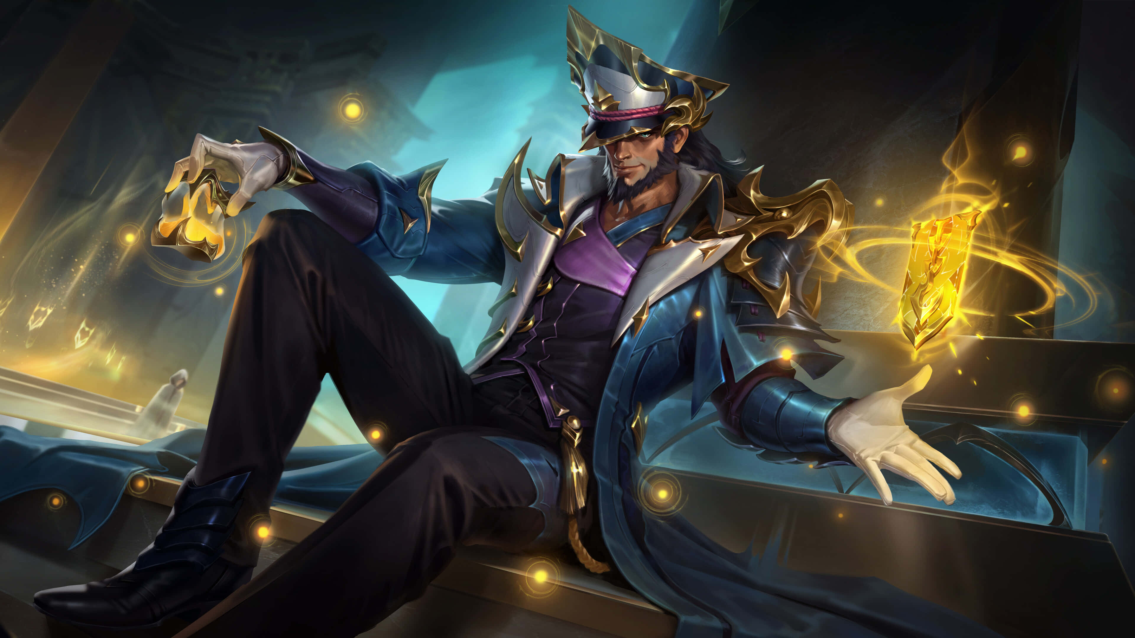 League Of Legends Champions 桌布 壁紙 — 一位華麗的奇幻戰士身穿藍金相間的華麗盔甲，自信地斜倚著，同時揮舞著發光的金色魔法球。