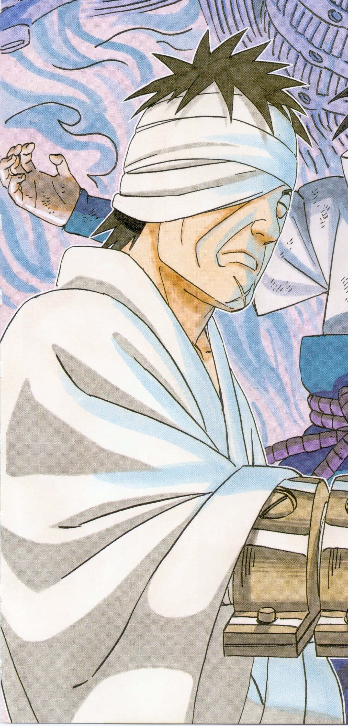 Danzo Shimura 桌布 壁紙 — 一位蒙眼的動漫忍者穿著白色長袍，周圍旋轉著藍色能量引導查克拉。