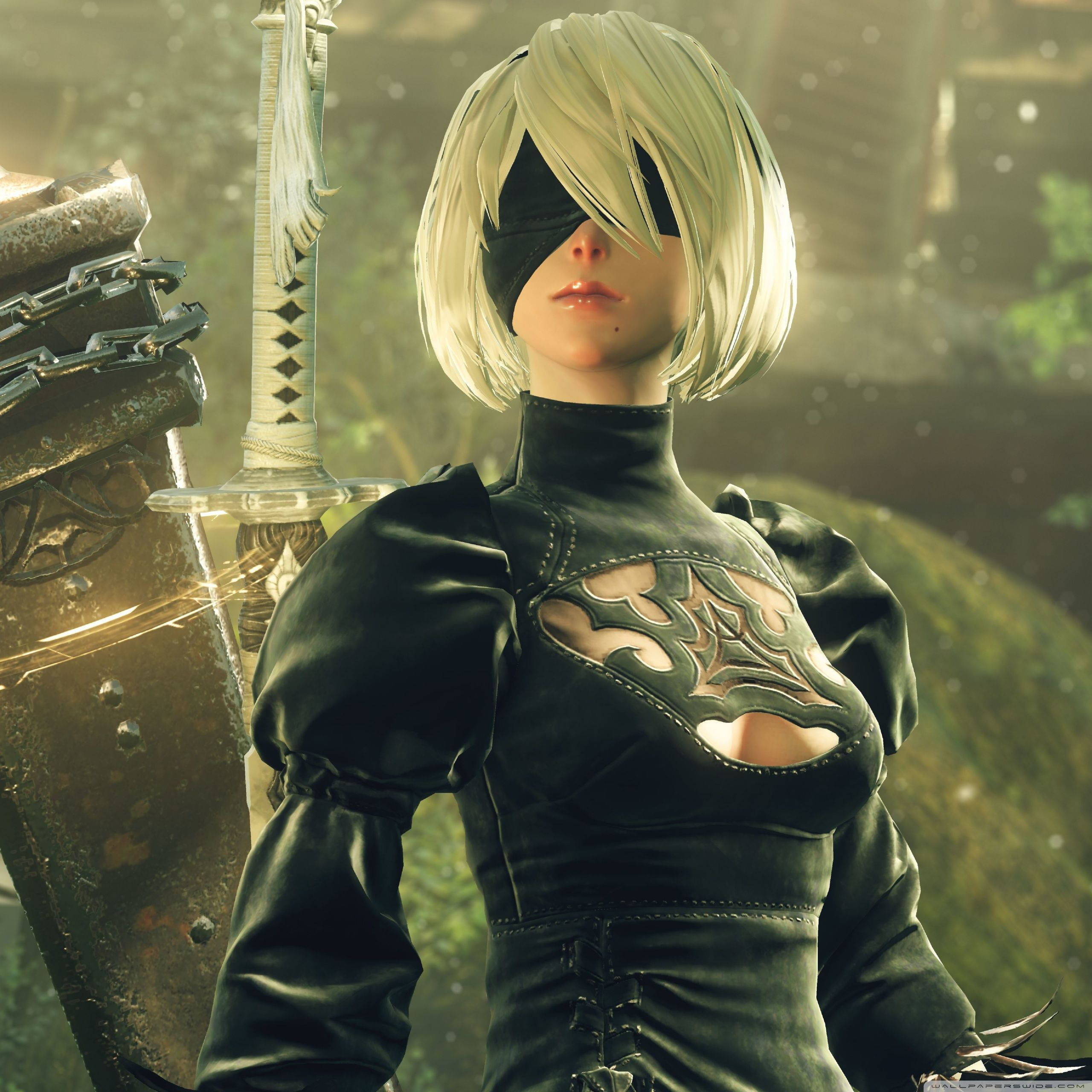 3D NieR: Automata 2b 壁紙 — 一位蒙眼金髮戰士身穿黑色盔甲，在陽光明媚的森林空地中手持劍和盾牌準備就緒。