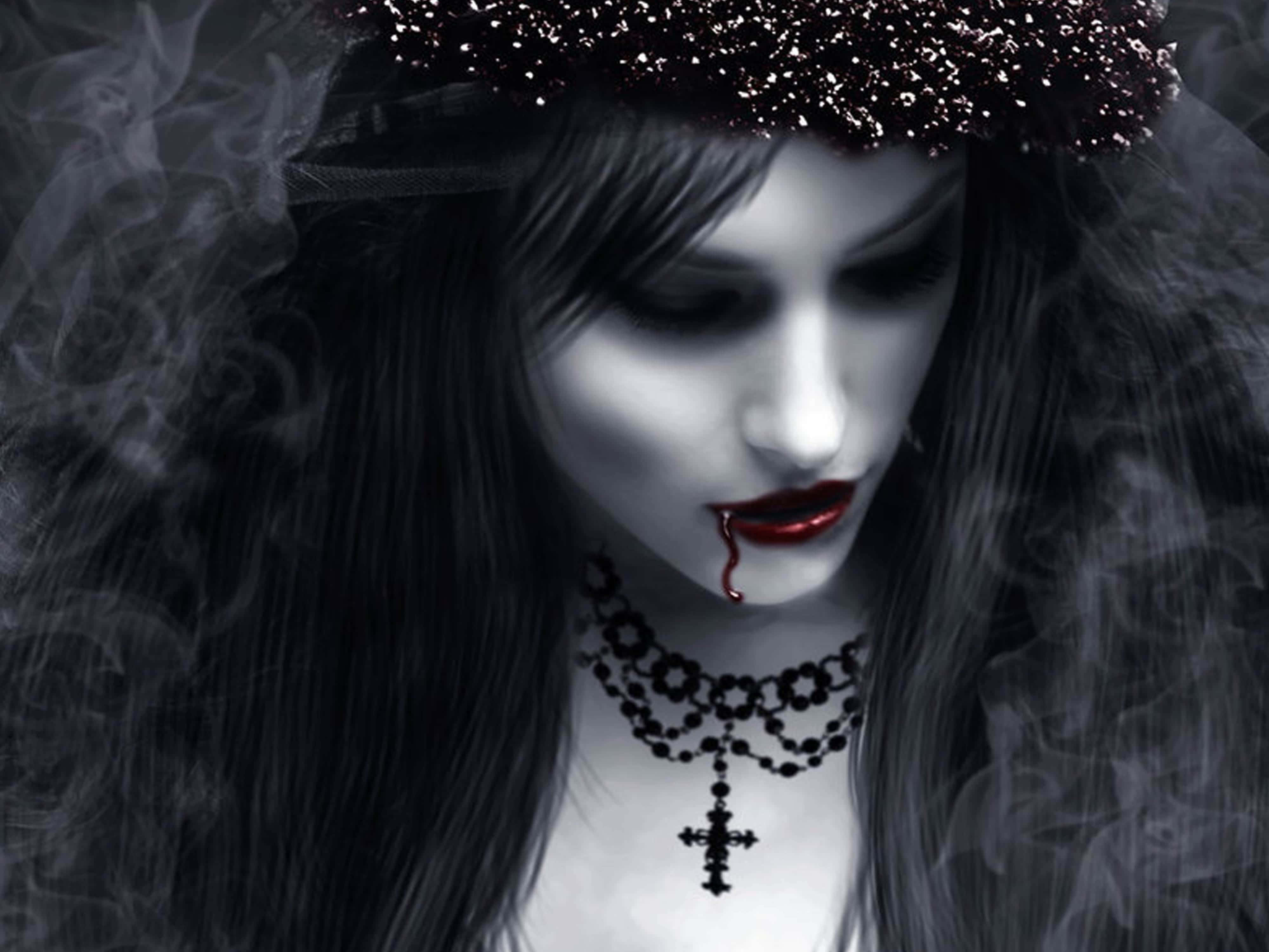 Dark Vampire 桌布 壁紙 — 一位蒼白的哥德式女性，深色頭髮和紅唇滴著血，煙霧在她戴著皇冠的頭部周圍旋轉。