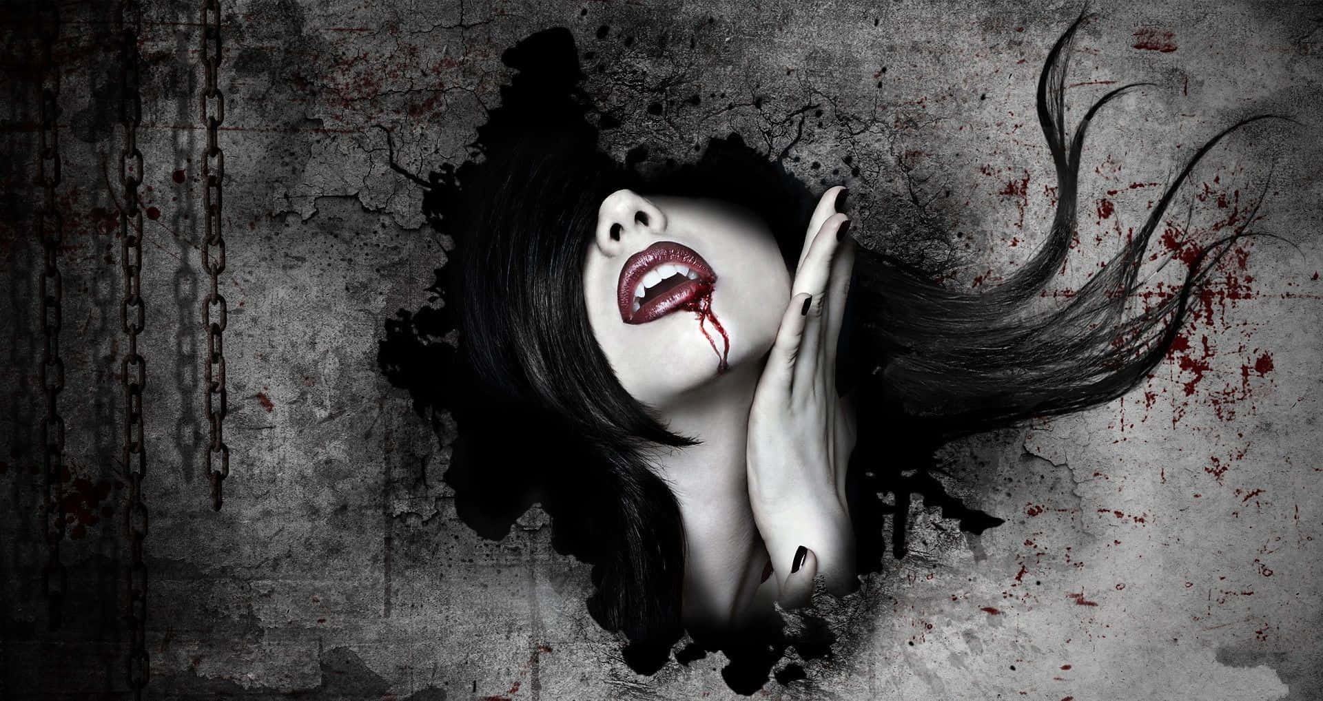 Dark Gothic 桌布 壁紙 — 一位蒼白的女人，紅唇和血從嘴裡滴下，從裂開的混凝土牆中出現，附近掛著鏈條。