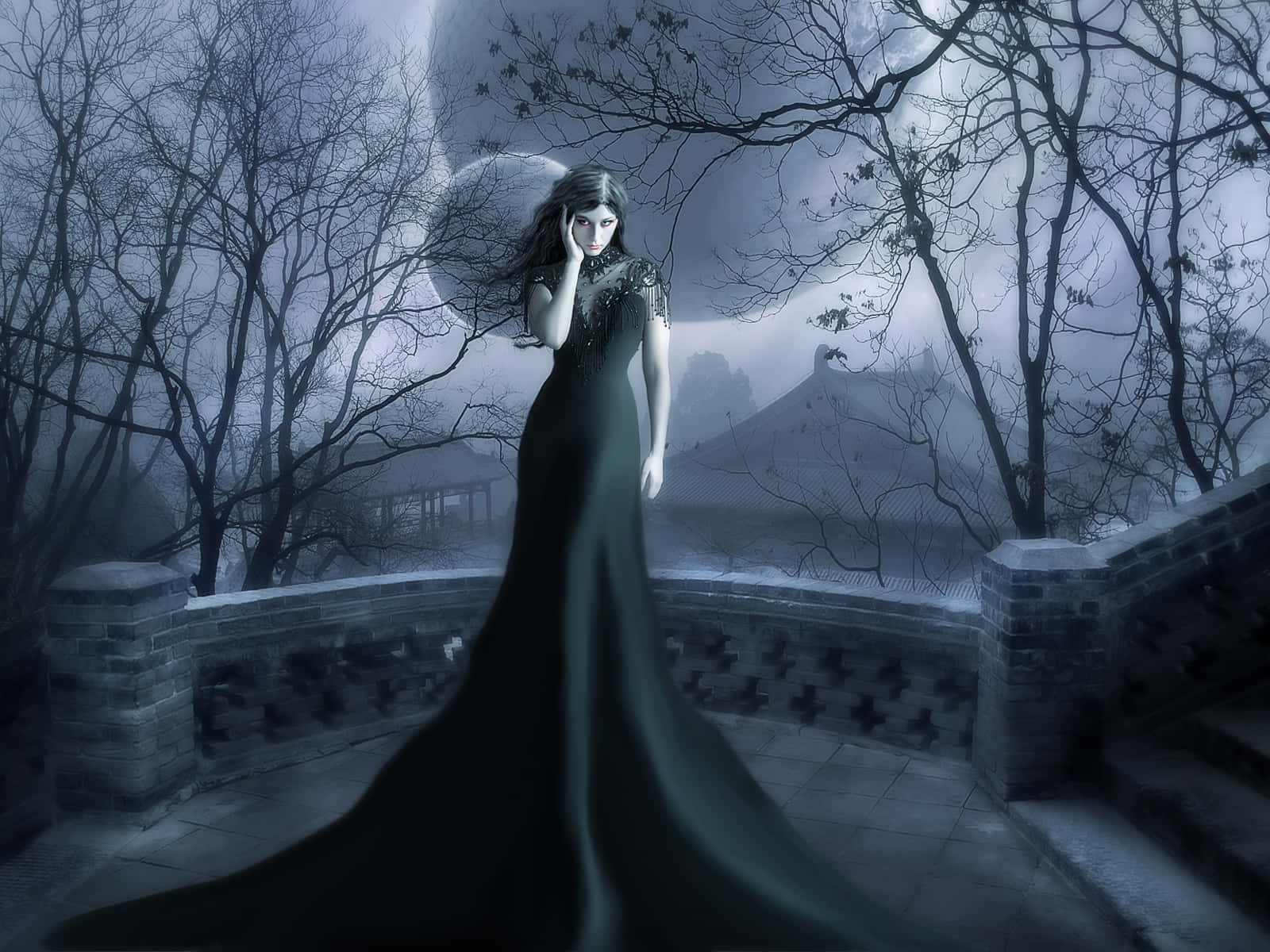 Dark Vampire 桌布 壁紙 — 一位蒼白的女人穿著長長的黑袍，獨自站在霧氣瀰漫的石頭露台上，滿月之下，周圍是光禿禿的樹木。